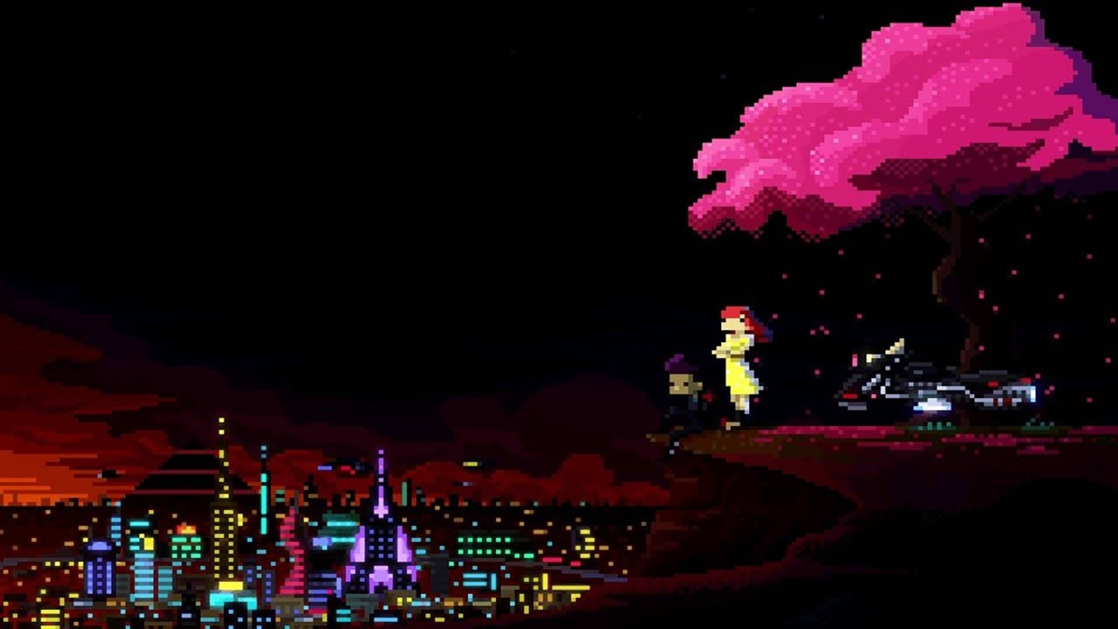 Lo Fi Anime, pink cherry blossom, glowing pink tree, Full HD Desktop Wallpaper