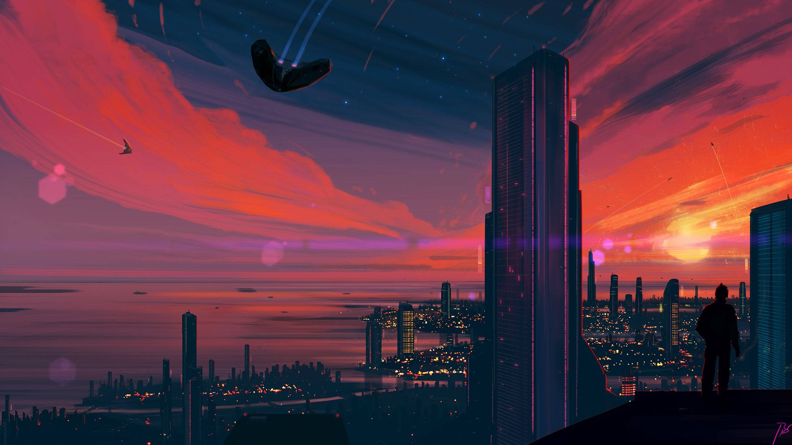 sunset, skyscraper, futuristic city, 2K Desktop Wallpaper