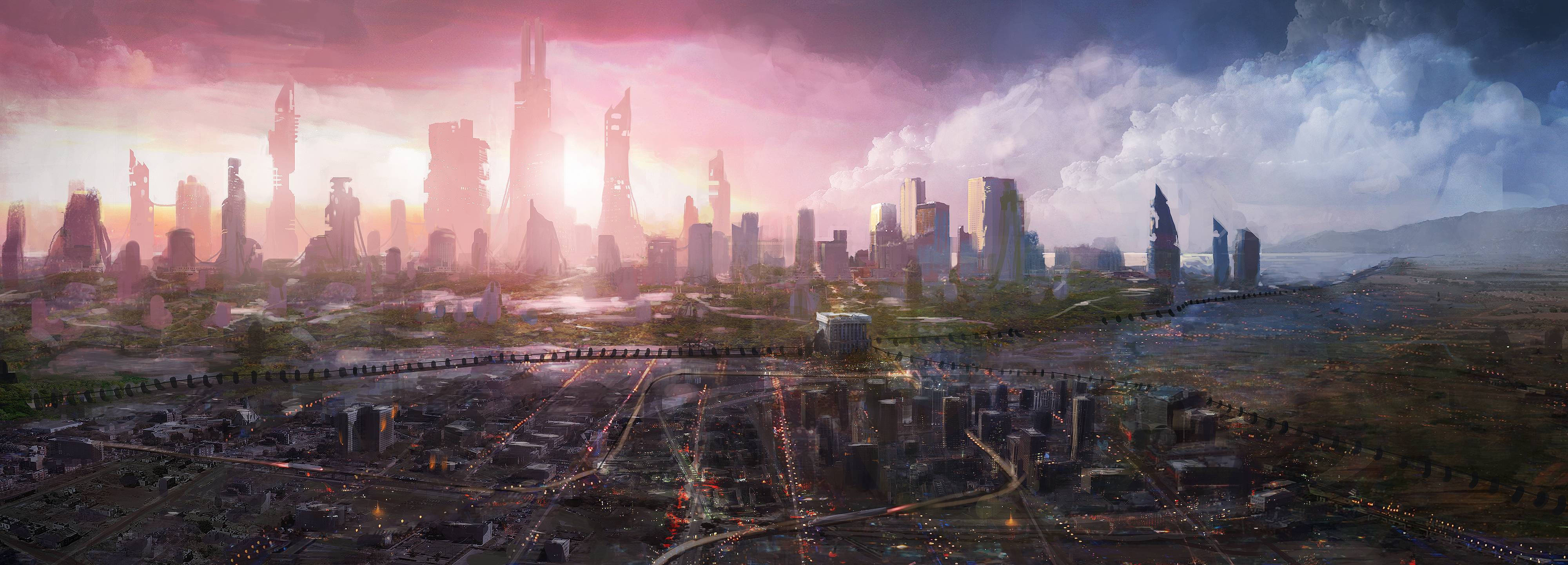Futuristic City, pink sky, sunset, 4K Desktop Wallpaper