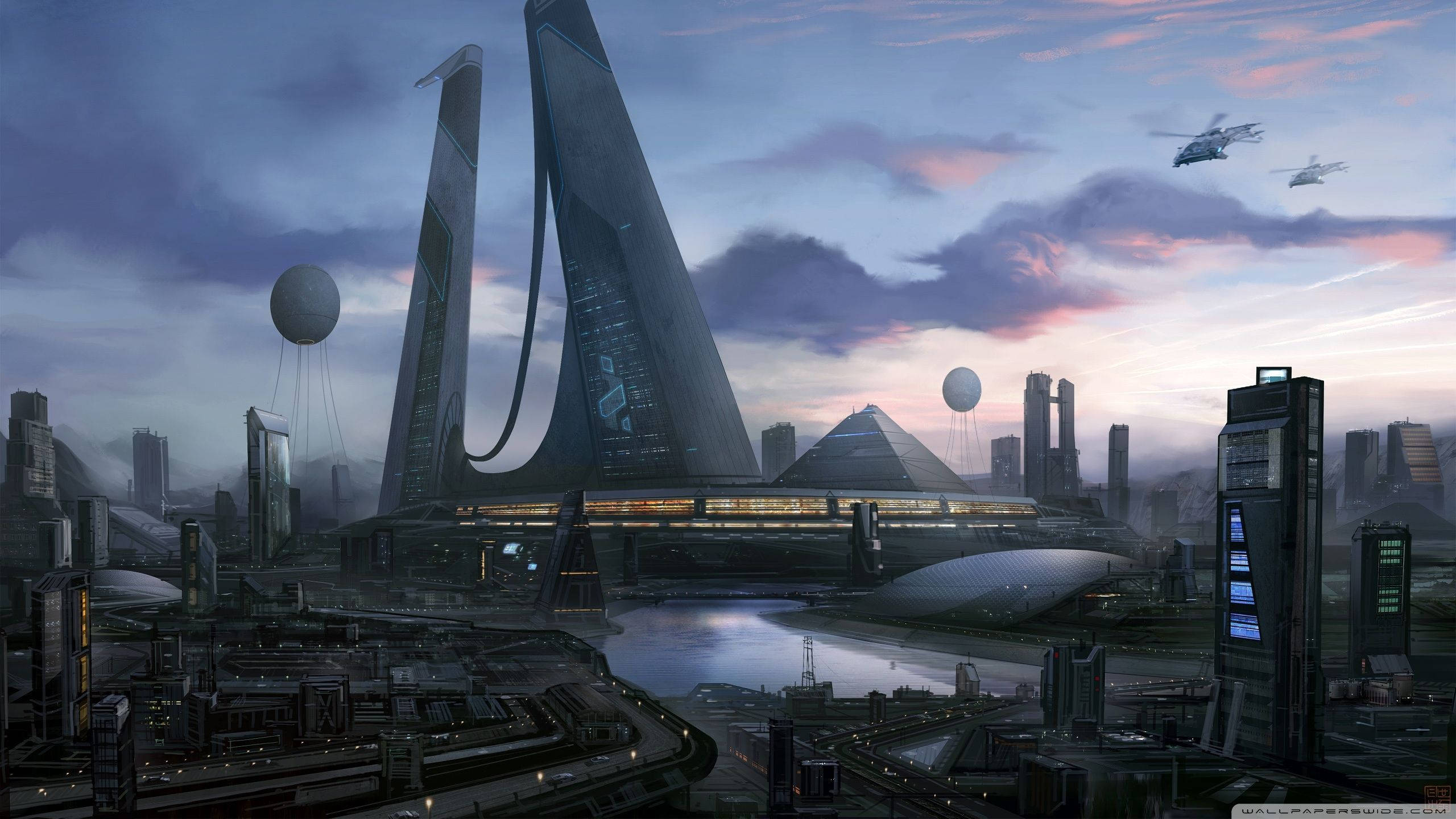 Futuristic City, twilight, towering skyscrapers, 2K Desktop Wallpaper