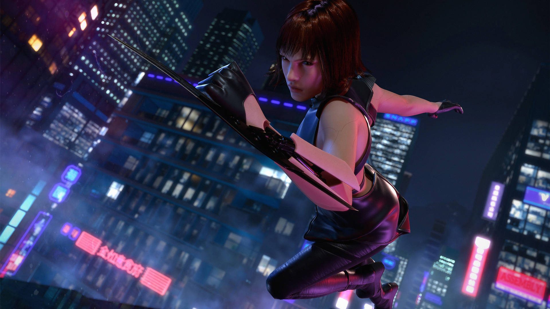 cyberpunk anime girl, short brown hair, neon-lit skyscrapers, Full HD Desktop Wallpaper
