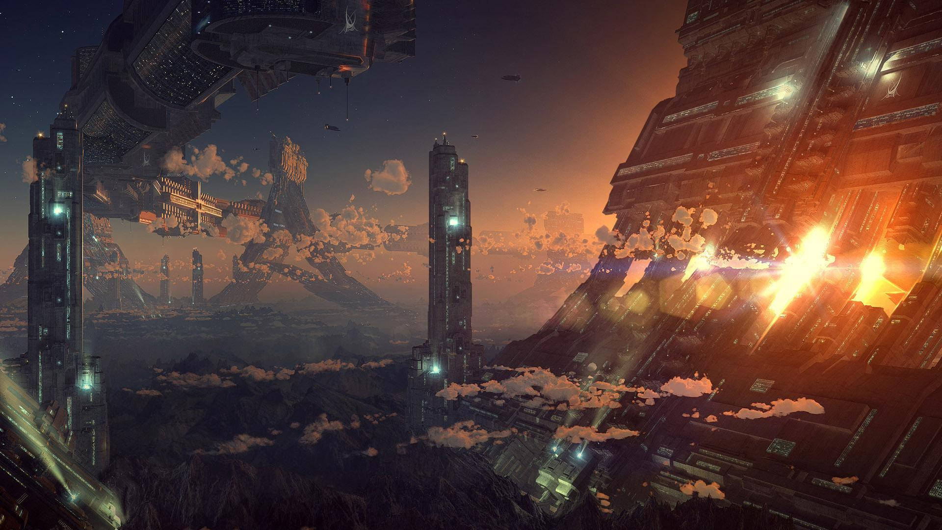 Futuristic City, sunset, towering skyscrapers, Full HD Desktop Wallpaper