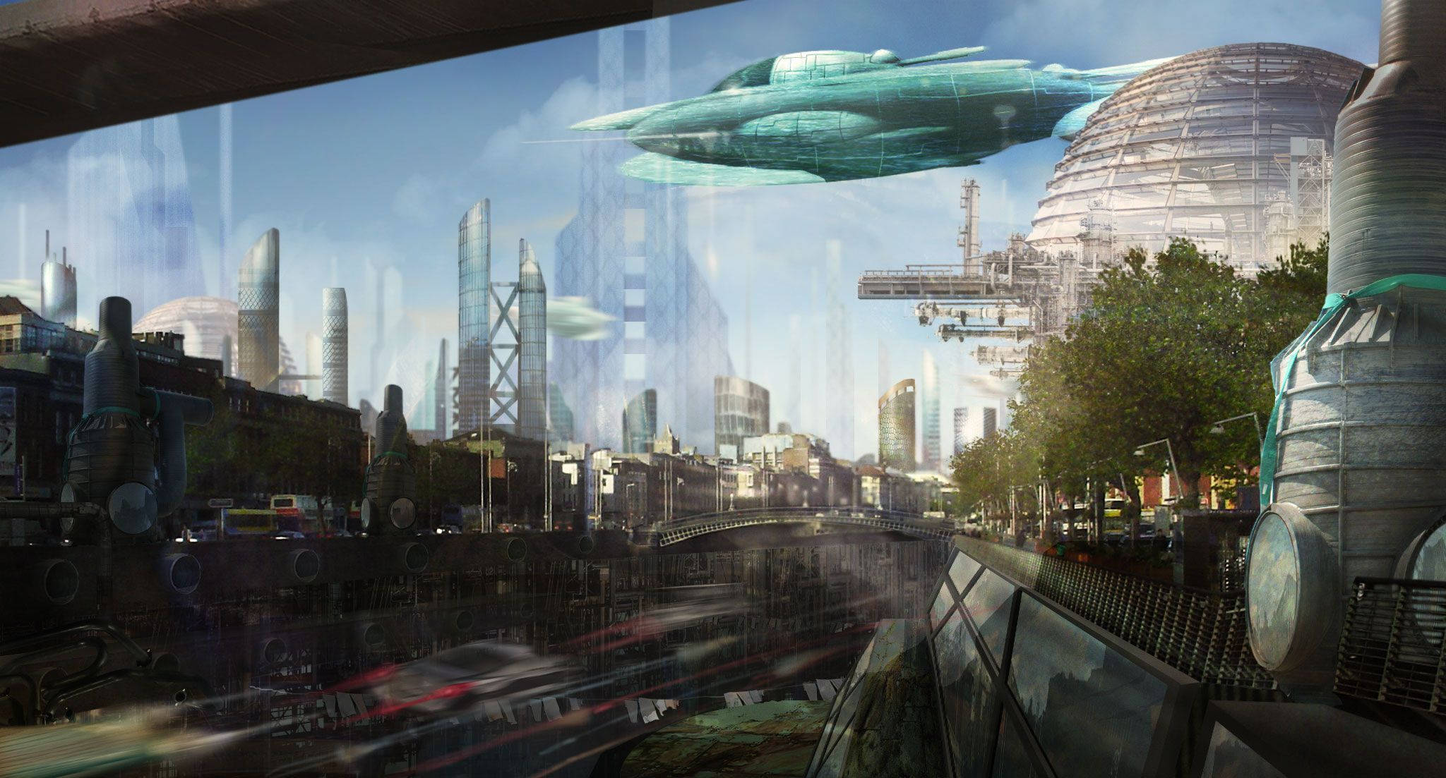 futuristic city, air shuttle, teal spacecraft, Full HD Desktop Wallpaper