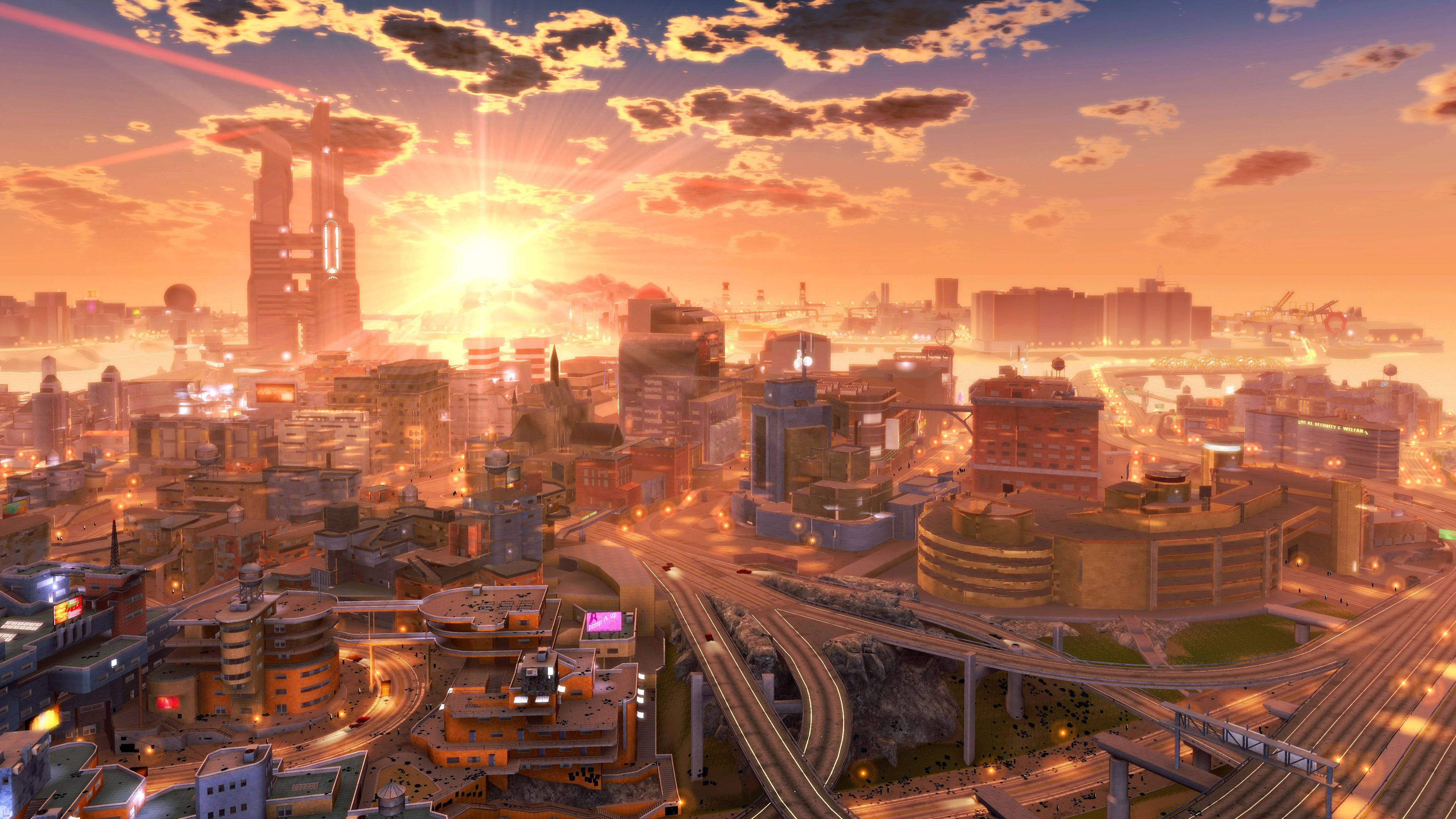 Futuristic City, sunset, towering skyscrapers, 4K Desktop Wallpaper