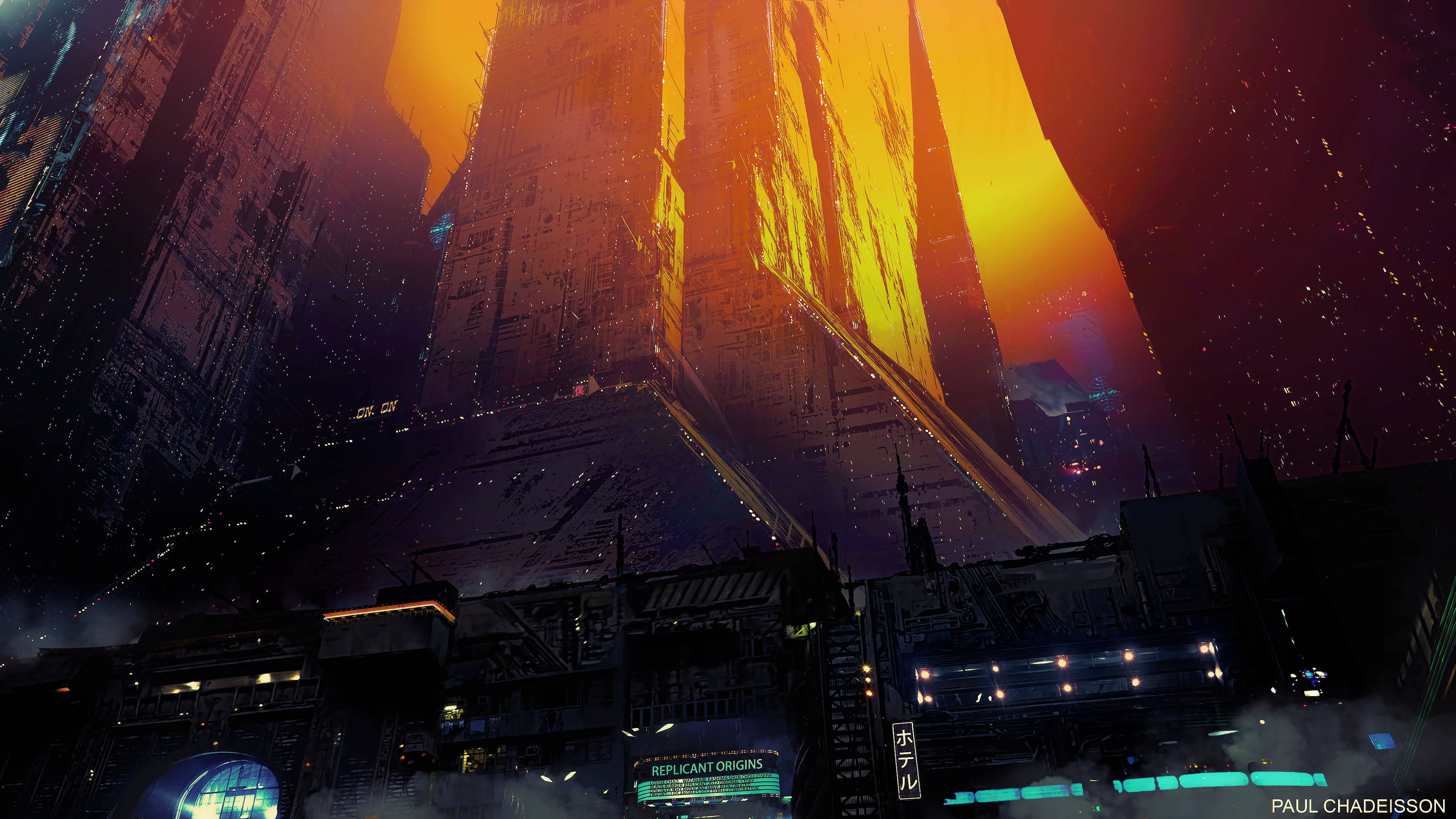 cyberpunk skyscraper, rain-slicked futuristic cityscape, dusk, 4K Desktop Wallpaper