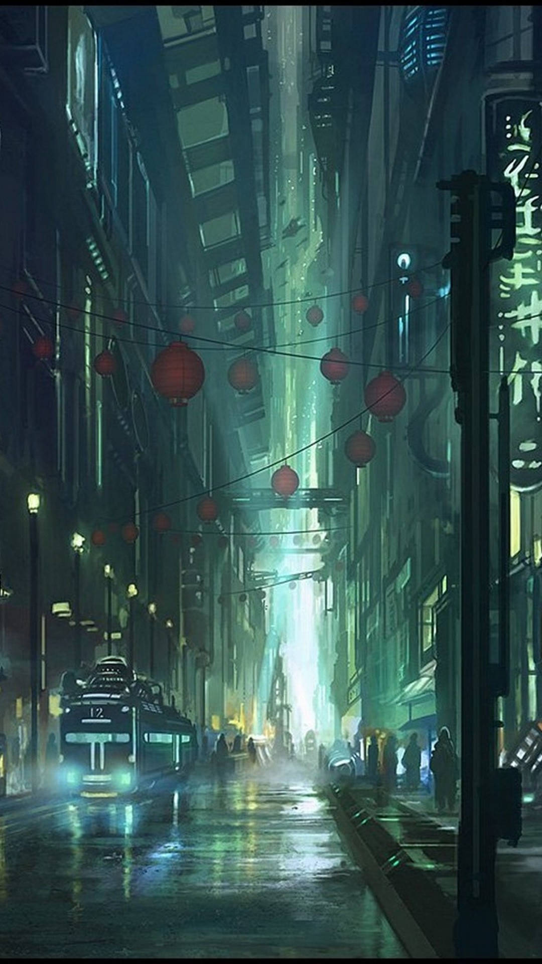 iPhone X, neon-lit alleyway, glowing lanterns, Full HD Phone Wallpaper