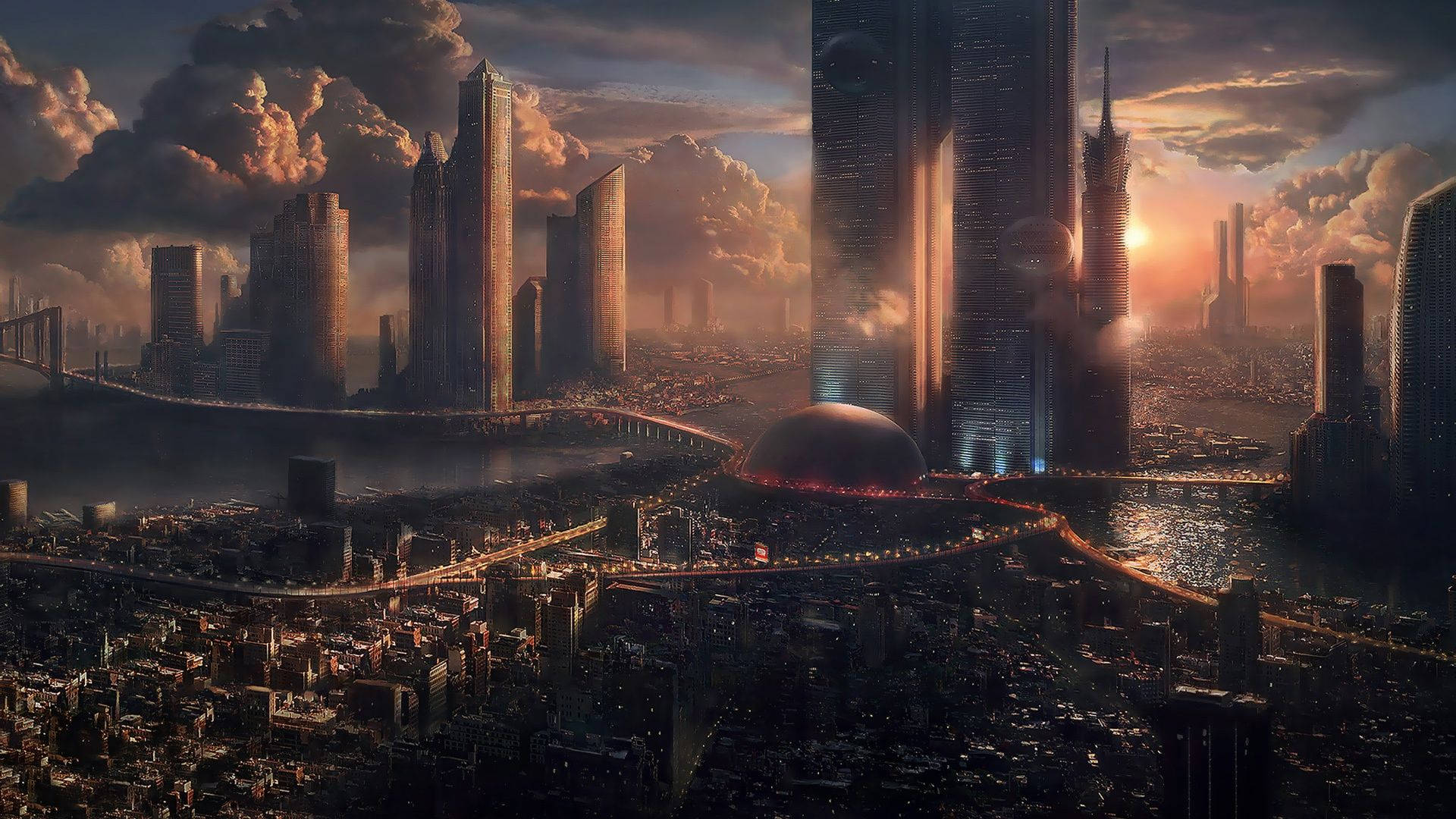 futuristic city, sunset, towering skyscrapers, Full HD Desktop Wallpaper