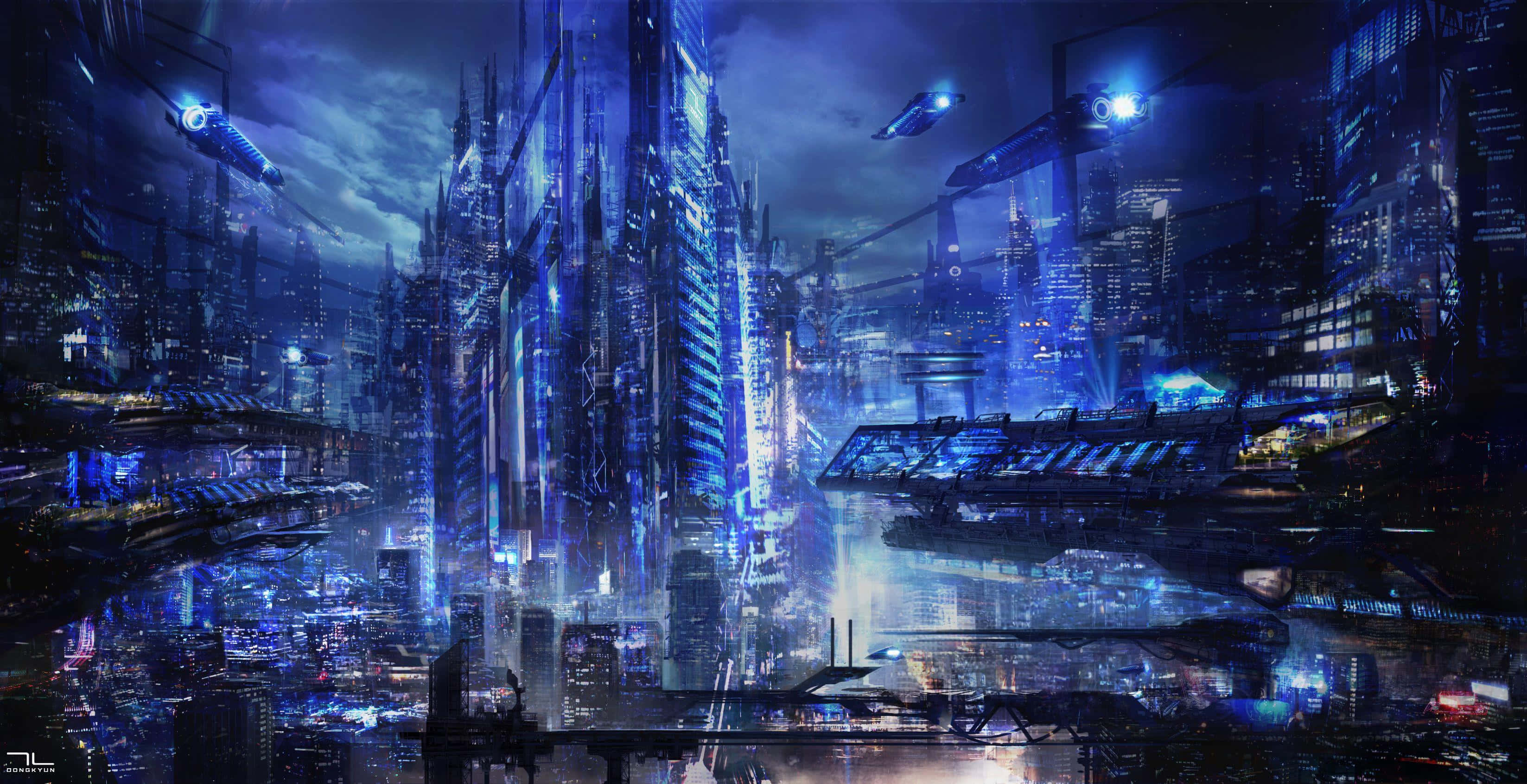 Future City, blue neon lights, flying vehicles, 2K Desktop Wallpaper