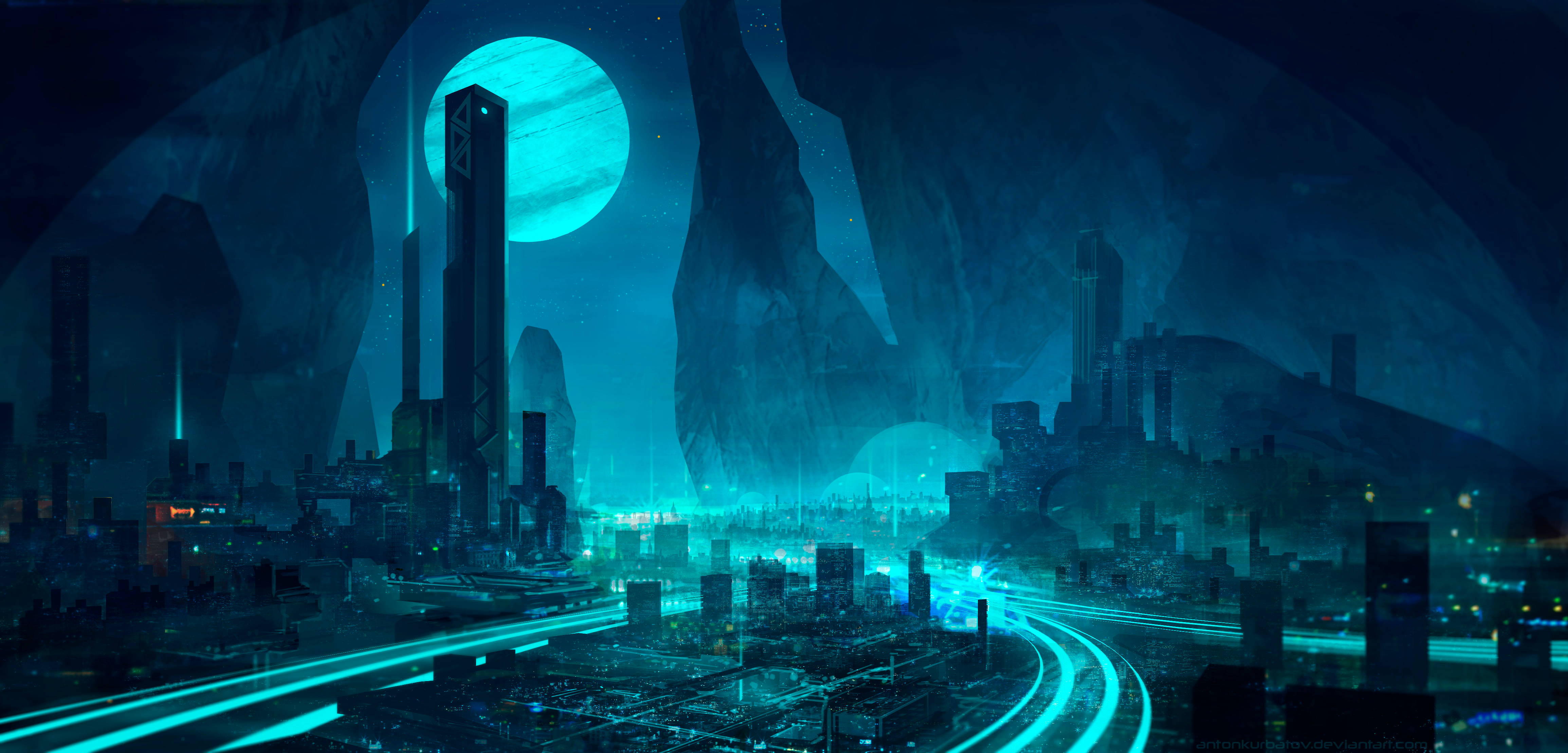 futuristic city, alien landscape, glowing teal moon, 4K Desktop Wallpaper