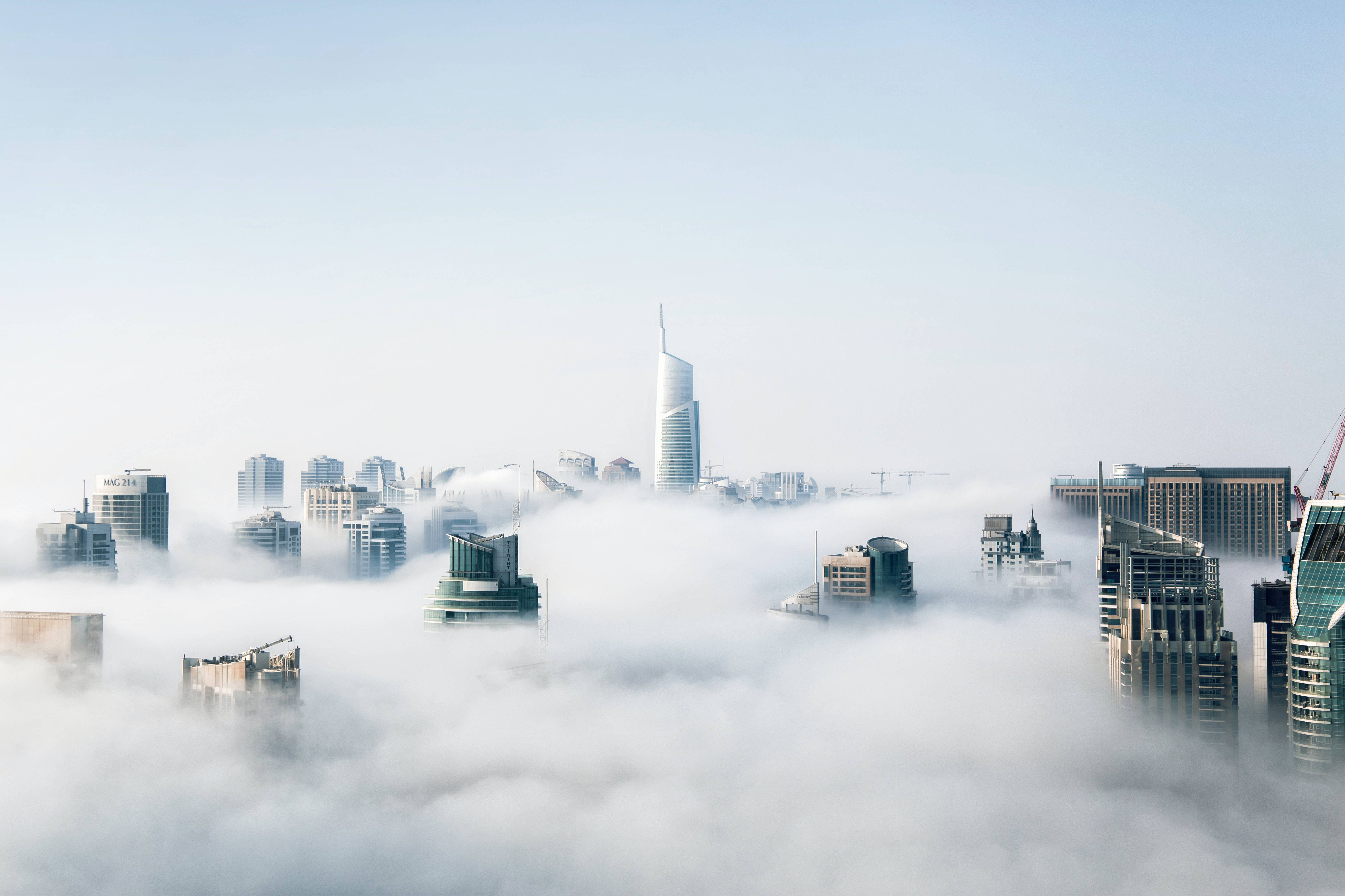 Big 3D Desktop Foggy City, modern skyscrapers, thick blanket of fog, 5K Desktop Wallpaper