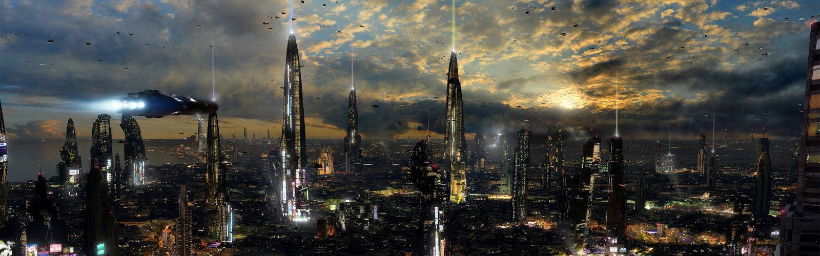 futuristic city, dusk, towering skyscrapers, HD Desktop Wallpaper