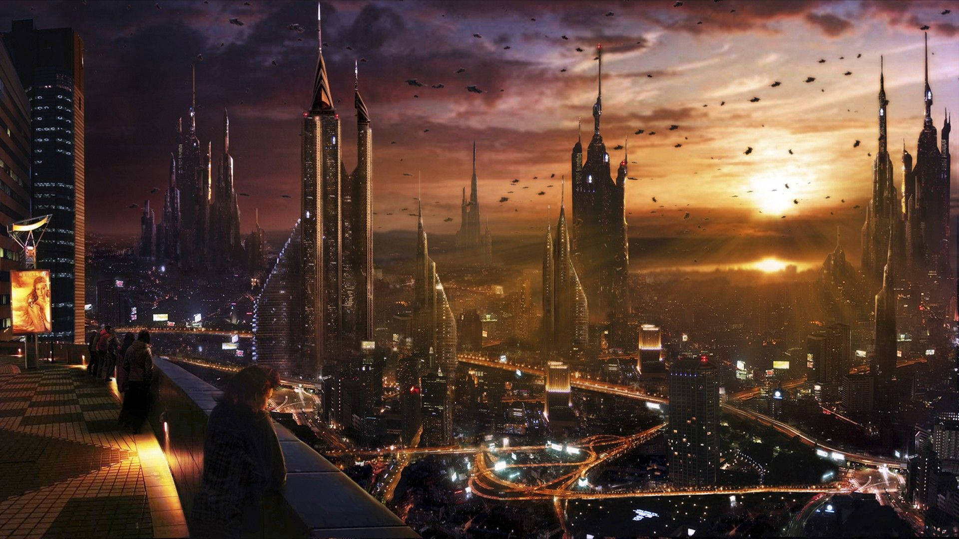 Futuristic City, golden sunset, towering spires, Full HD Desktop Wallpaper
