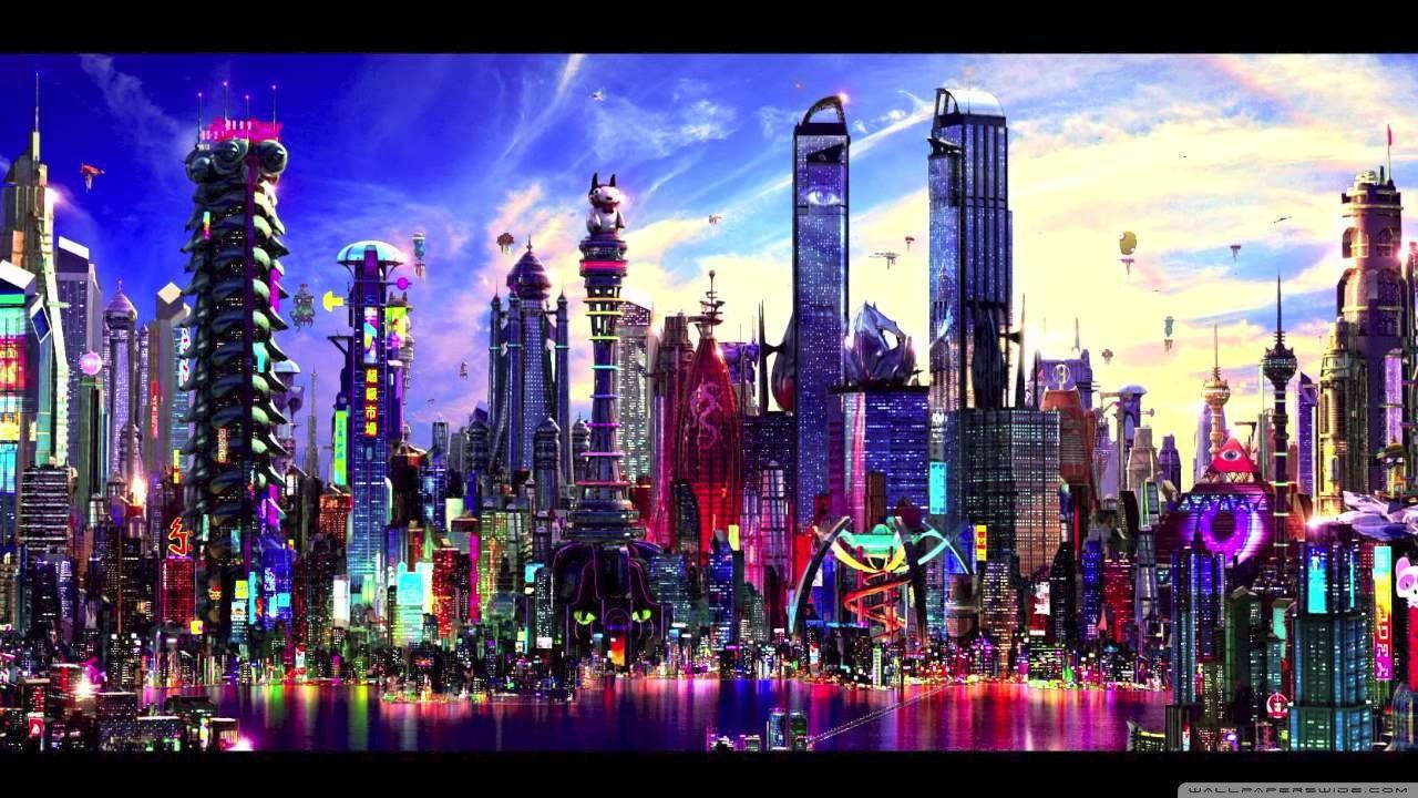 futuristic cityscape, neon-lit skyscrapers, water, HD Desktop Wallpaper