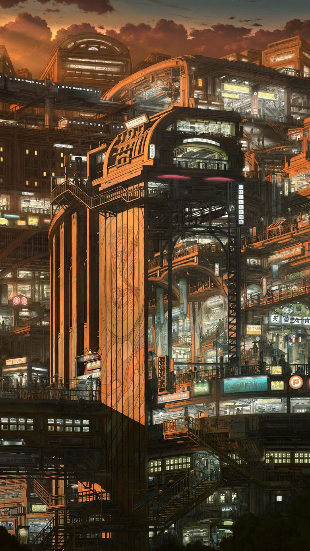 cyberpunk cityscape, warm sunset hues, glowing neon signs, Full HD Phone Wallpaper