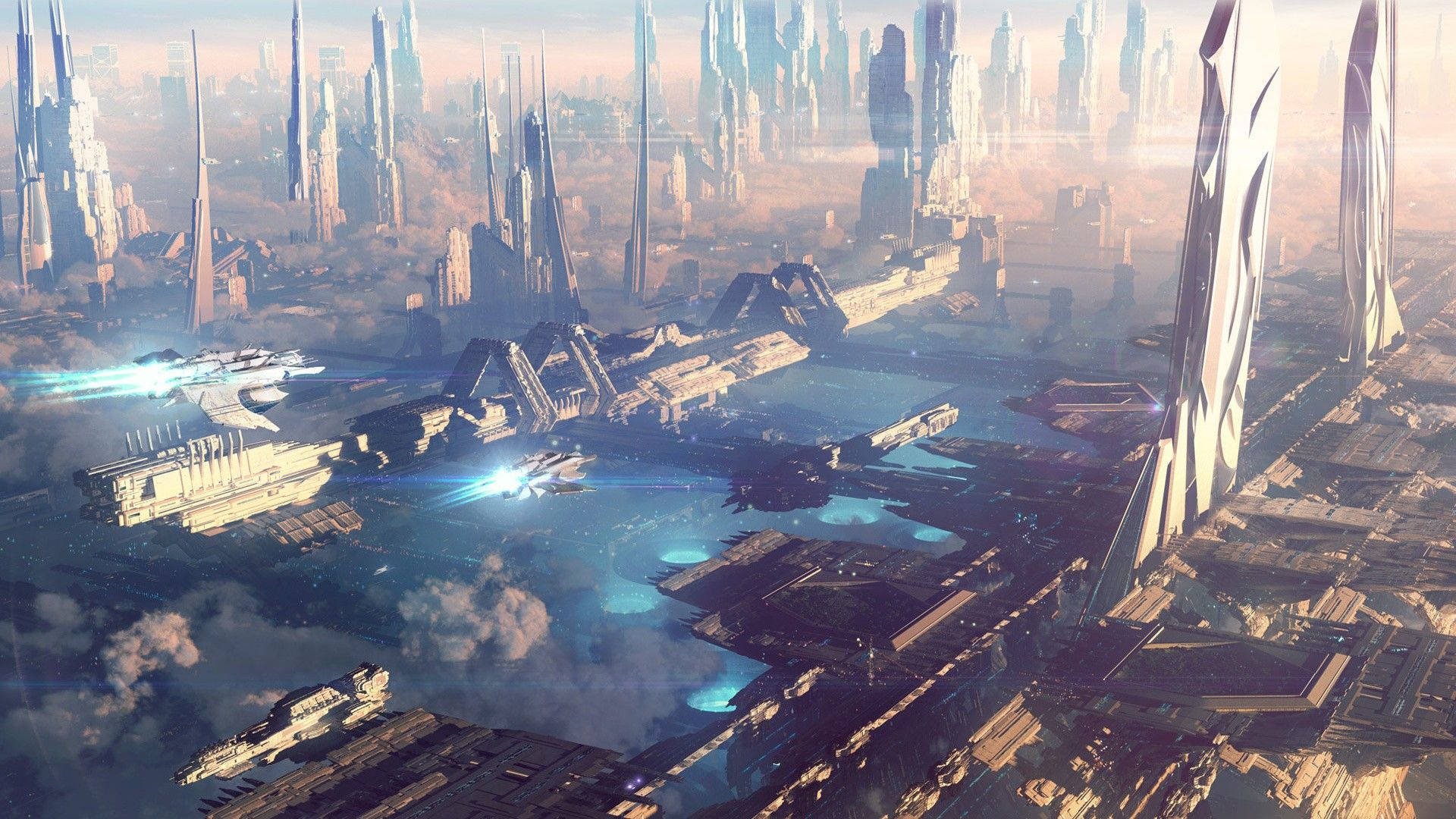 Futuristic City, towering skyscrapers, flying spacecraft, Full HD Desktop Wallpaper
