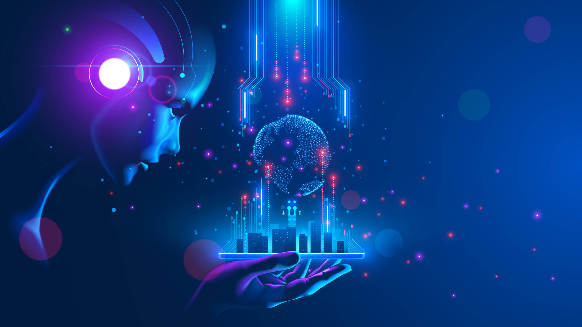 futuristic cityscape, neon blue, neon purple, Full HD Desktop Wallpaper