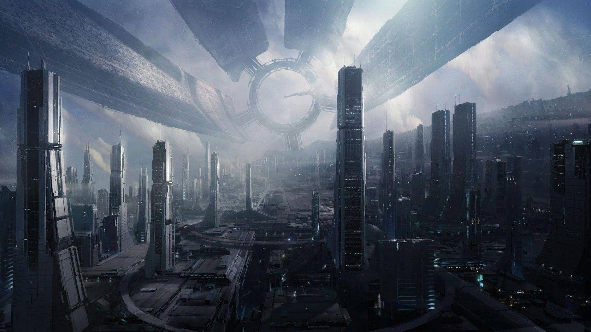 futuristic cityscape, massive floating ring structure, towering skyscrapers, Full HD Desktop Wallpaper