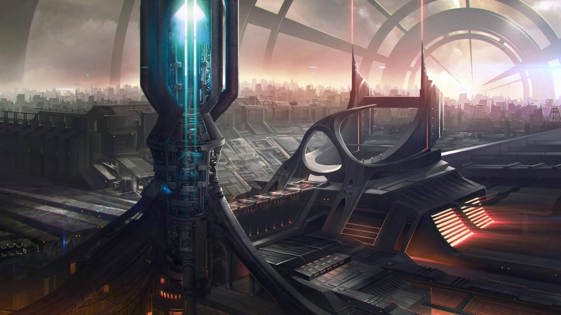 futuristic cityscape, sunset, glowing neon towers, Full HD Desktop Wallpaper