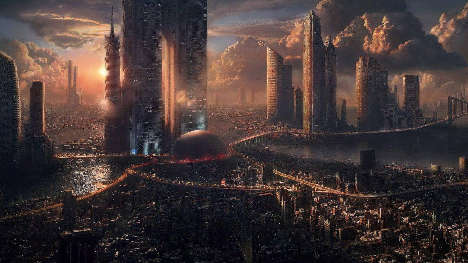 futuristic city, sunset, towering skyscrapers, Full HD Desktop Wallpaper