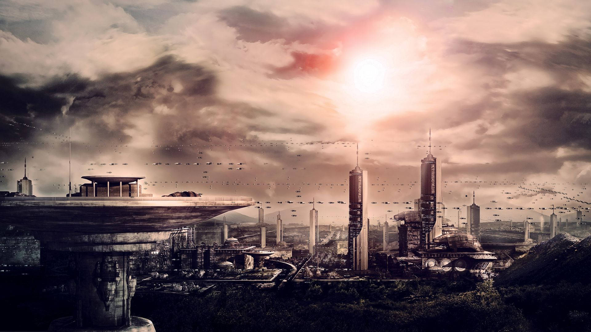 Futuristic City, skyscrapers, flying vehicles, Full HD Desktop Wallpaper