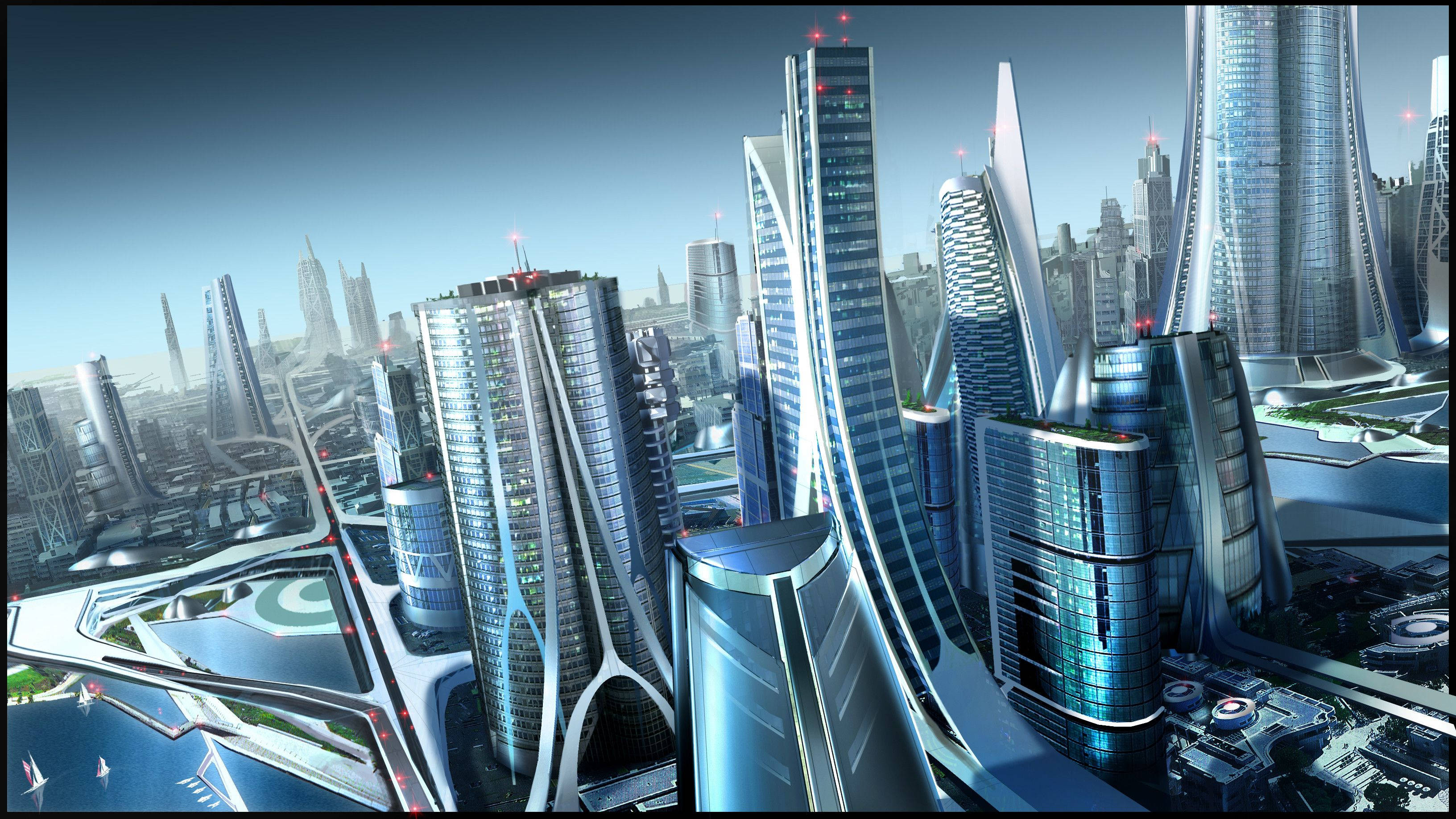Futuristic City, glass skyscrapers, sleek highways, 2K Desktop Wallpaper