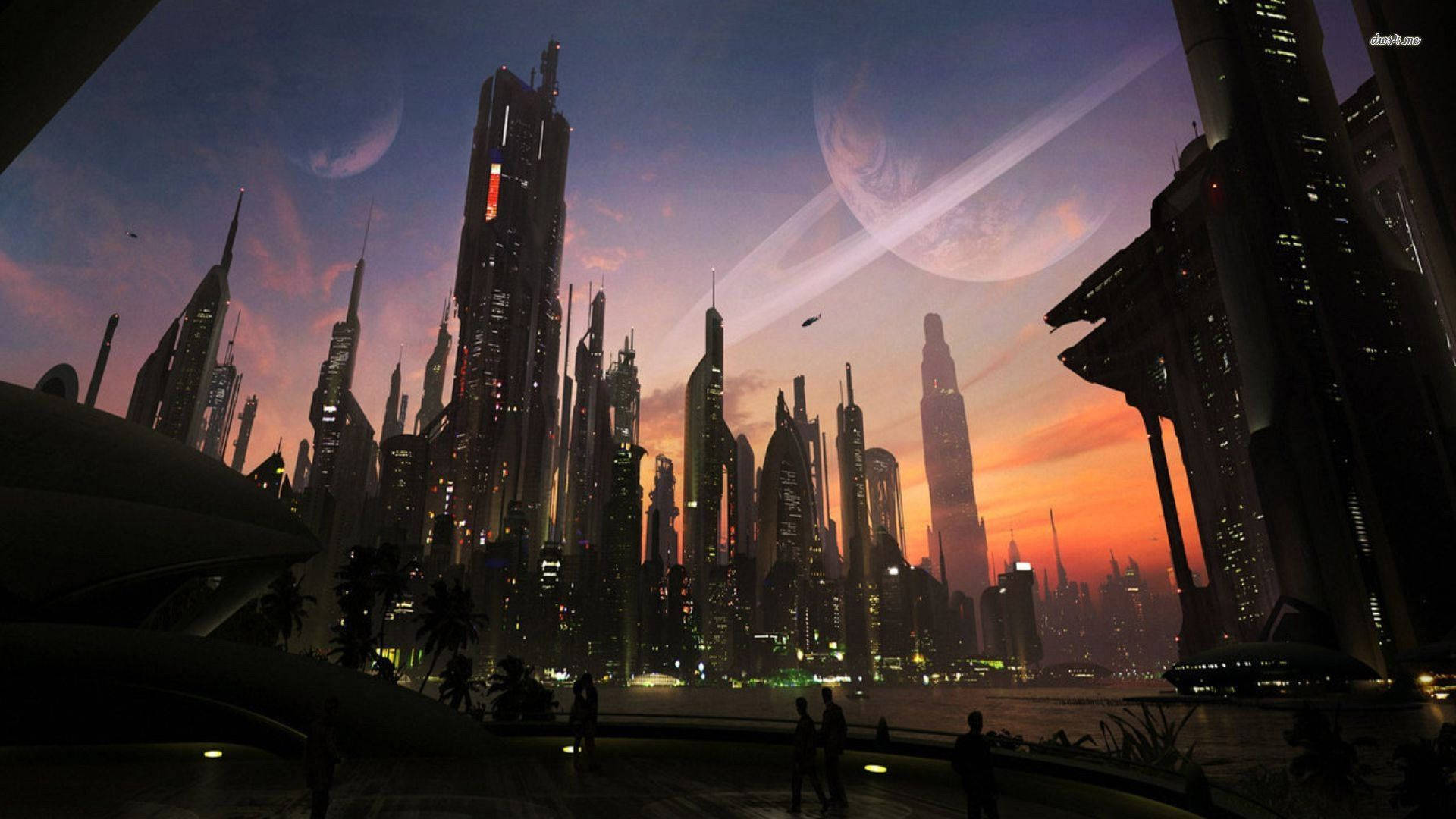 Futuristic City, sunset, towering skyscrapers, Full HD Desktop Wallpaper