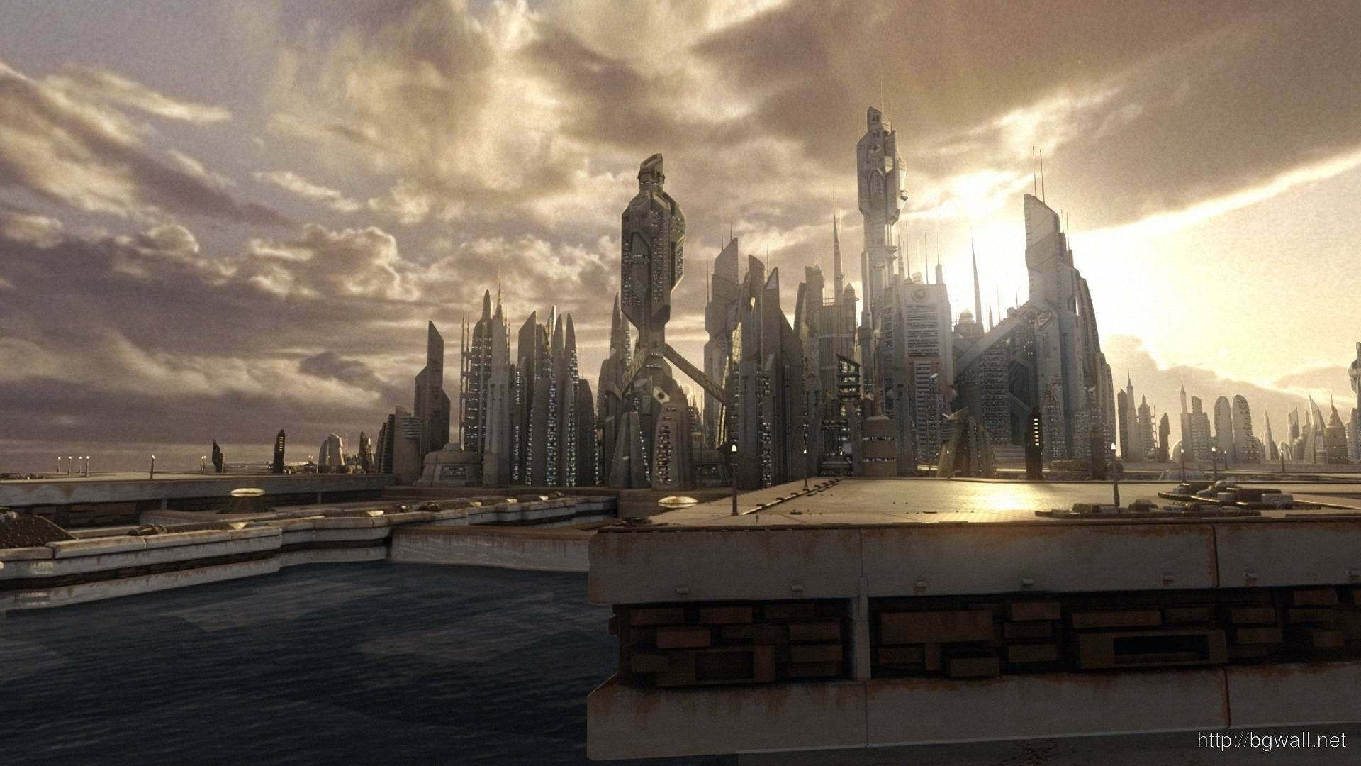 Futuristic City, towering spires, lone statue, Full HD Desktop Wallpaper