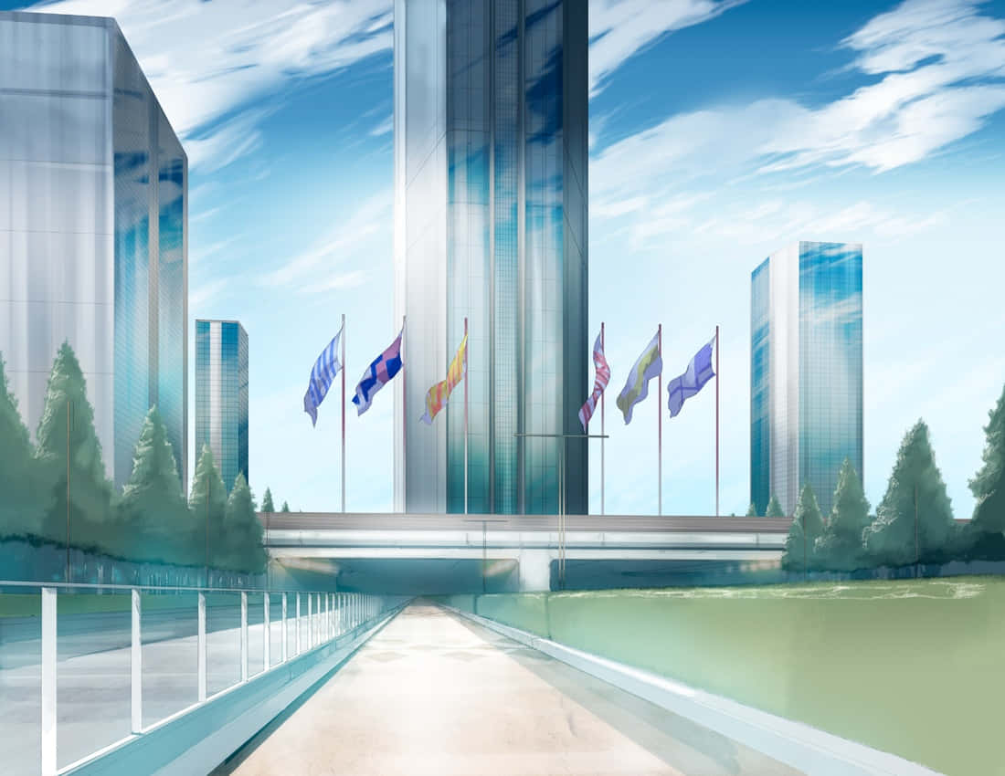 Futuristic High-Tech Anime Skyscraper, glass skyscrapers, canal, SD Desktop Wallpaper