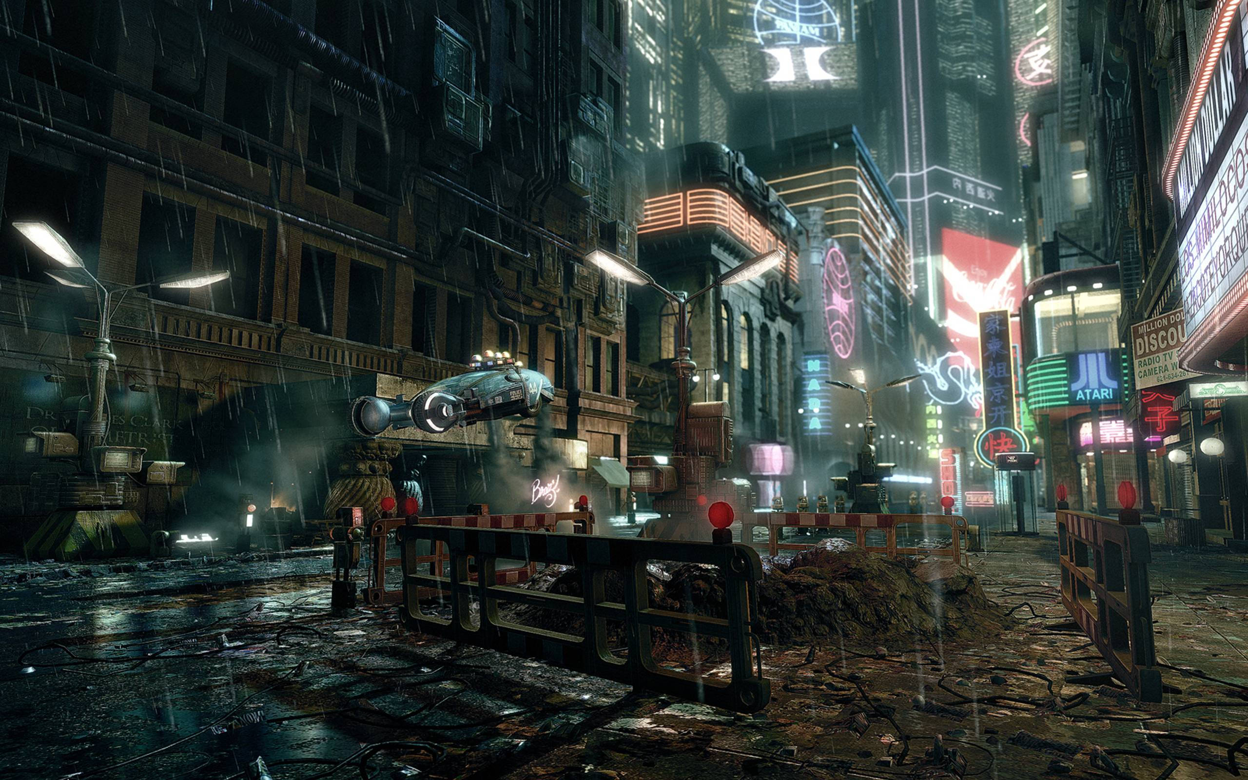 neon-lit cyberpunk city street, night, rain, 2K Desktop Wallpaper