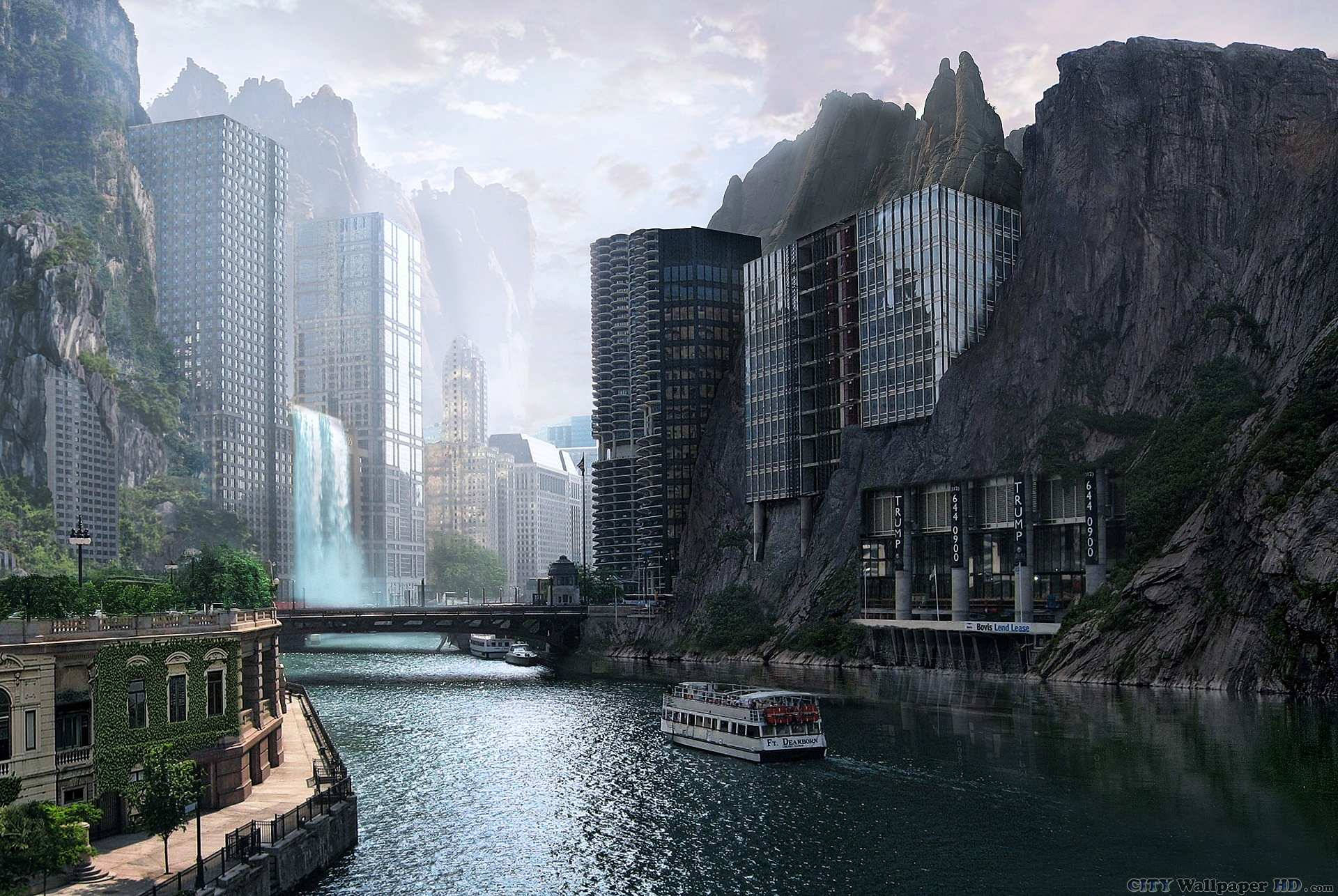 futuristic city, towering cliffs, riverboat, Full HD Desktop Wallpaper