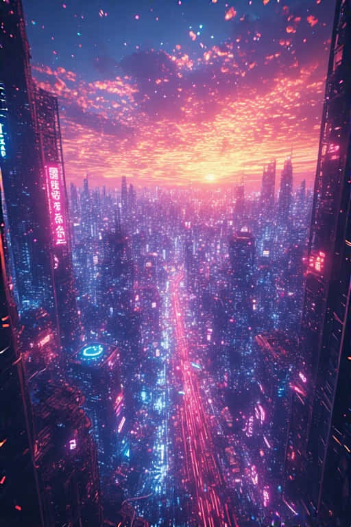 futuristic city, sunset, neon pink, SD Phone Wallpaper