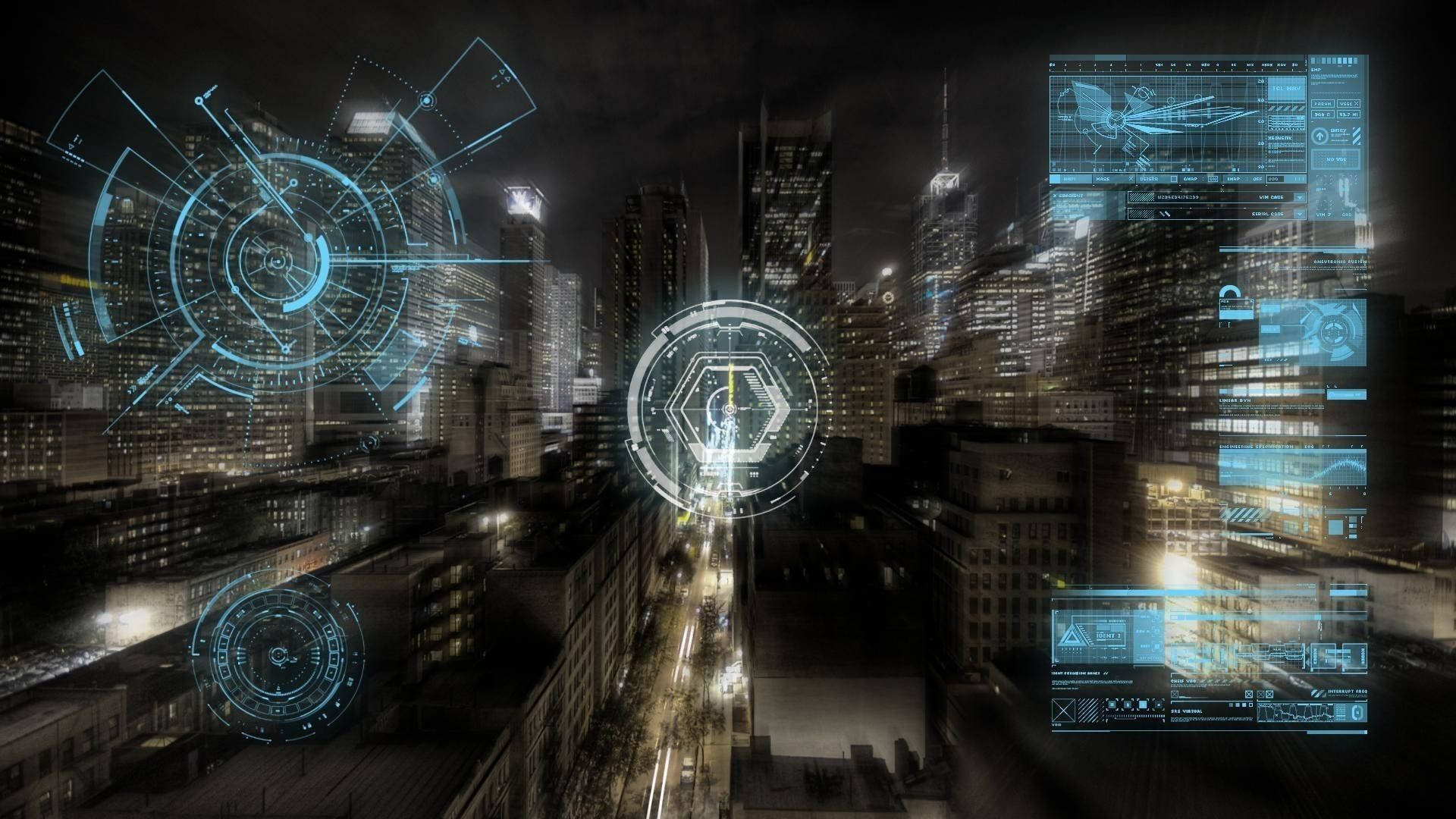 Futuristic Desktop, blue holographic interfaces, dark cityscape, Full HD Desktop Wallpaper