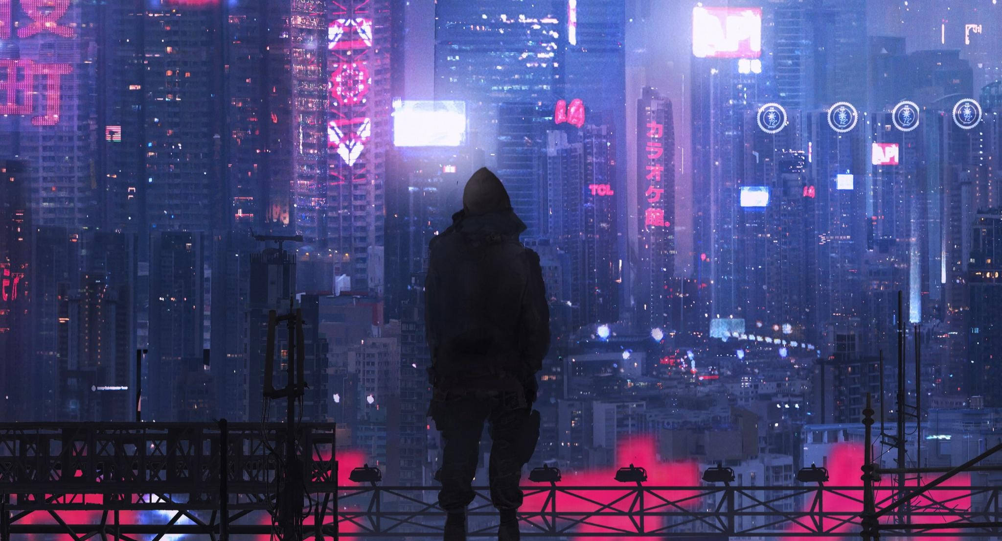 Futuristic Desktop, neon-drenched cyberpunk cityscape, night, Full HD Desktop Wallpaper
