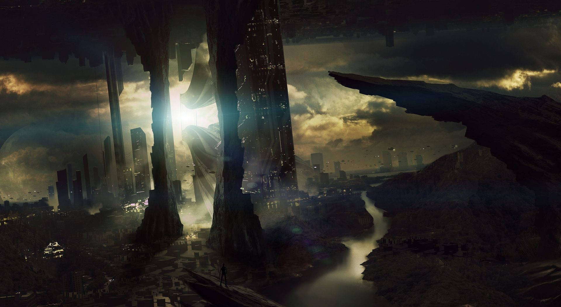 Futuristic Desktop, city ruins, glowing sun, Full HD Desktop Wallpaper