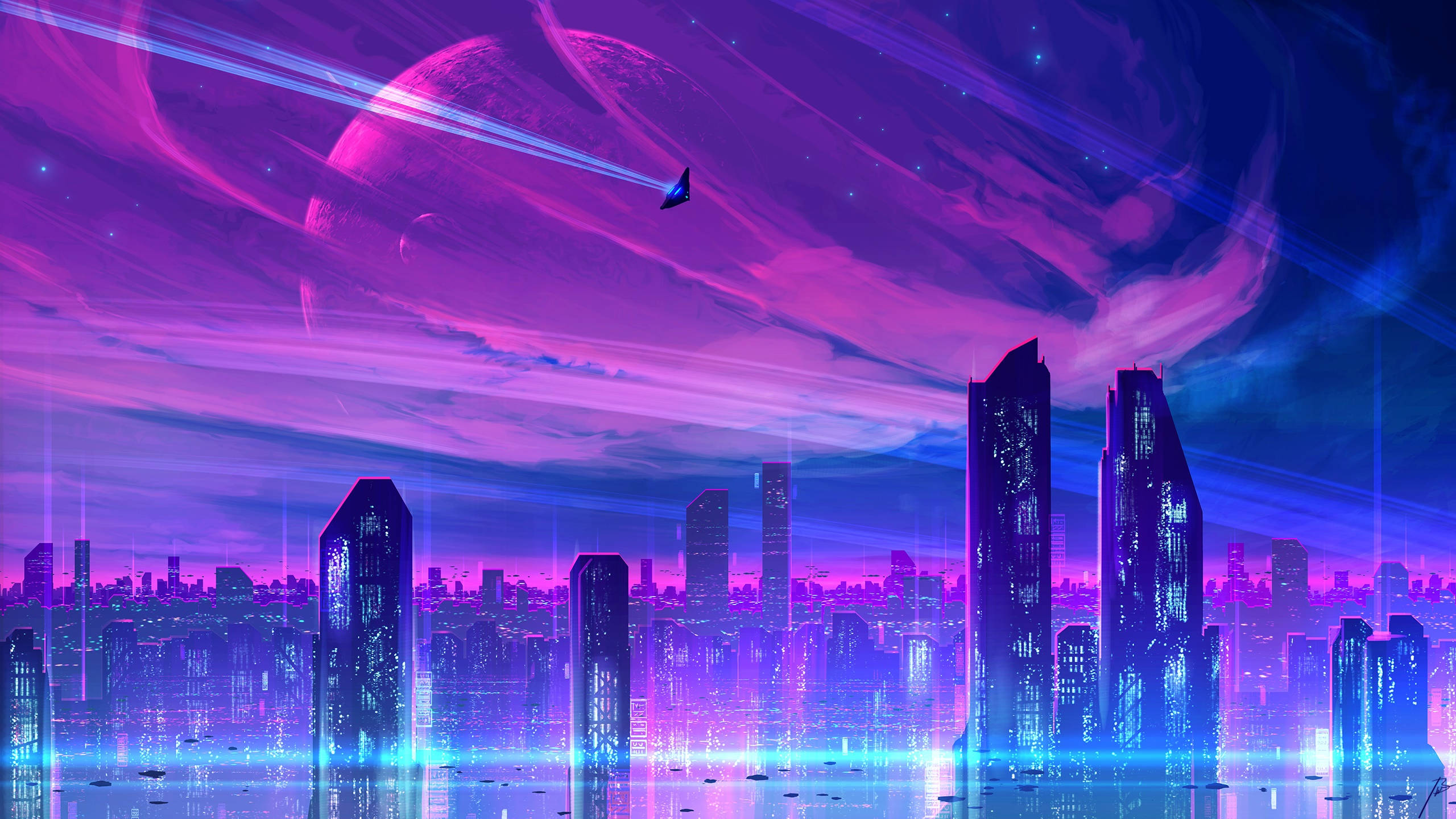 futuristic city skyline, neon purple and blue lights, cosmic sky, 2K Desktop Wallpaper