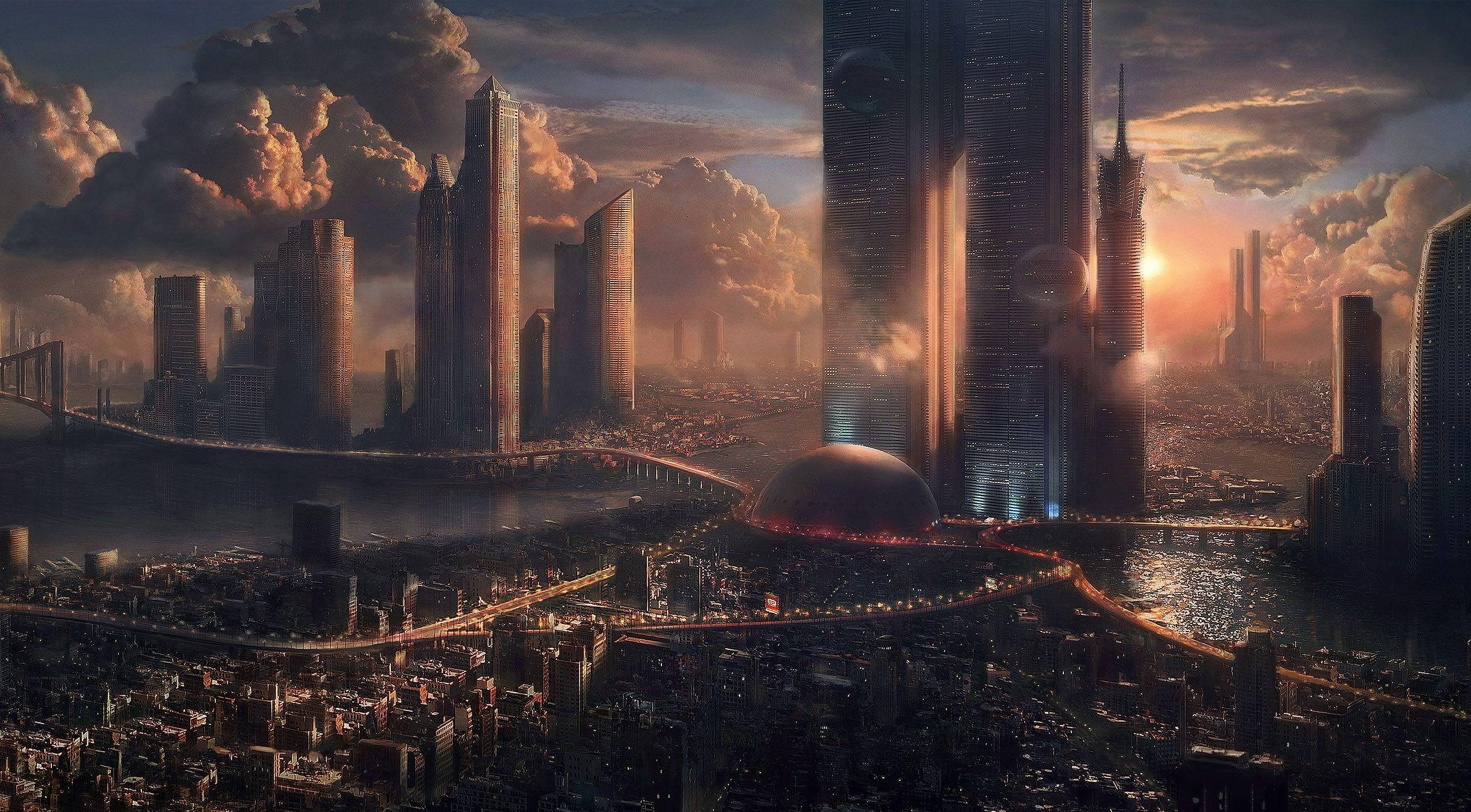 futuristic cityscape, sunset, towering skyscrapers, Full HD Desktop Wallpaper