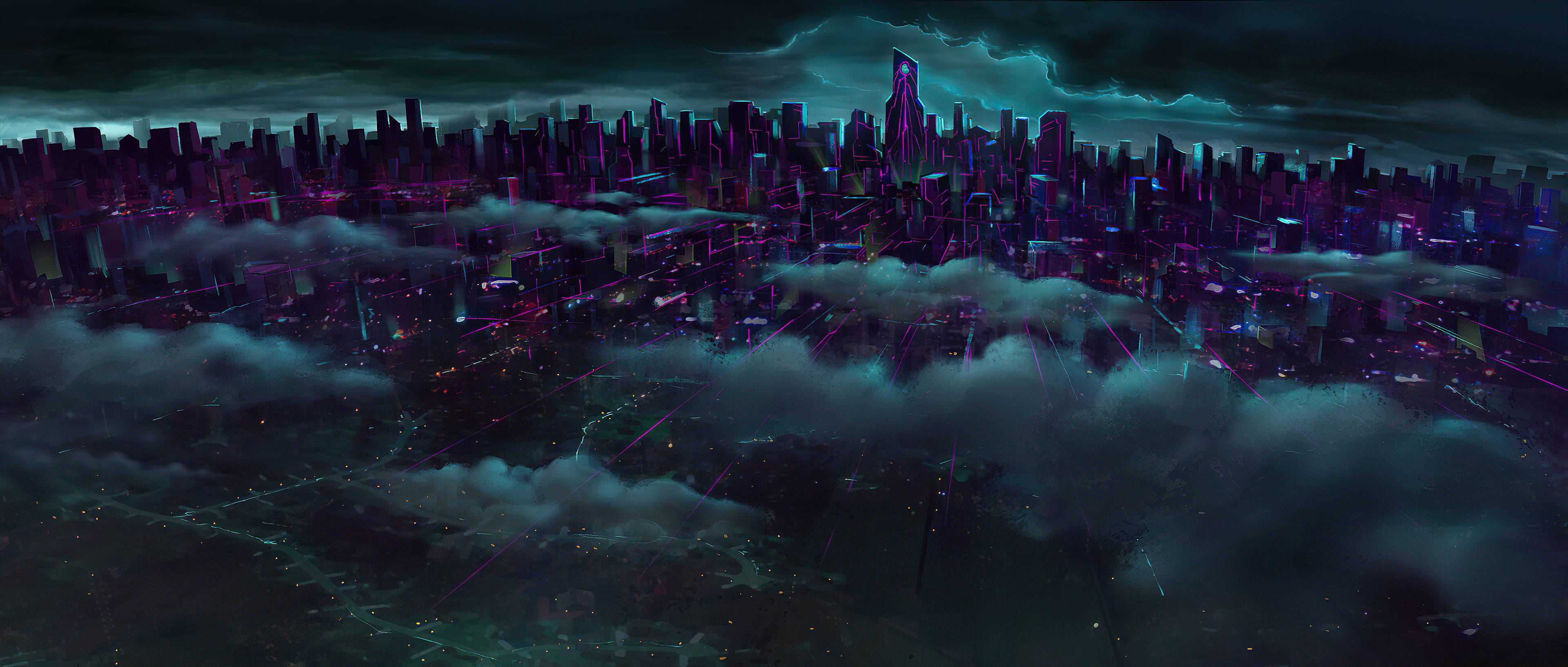 futuristic desktop, clouds, neon purple, 4K Desktop Wallpaper
