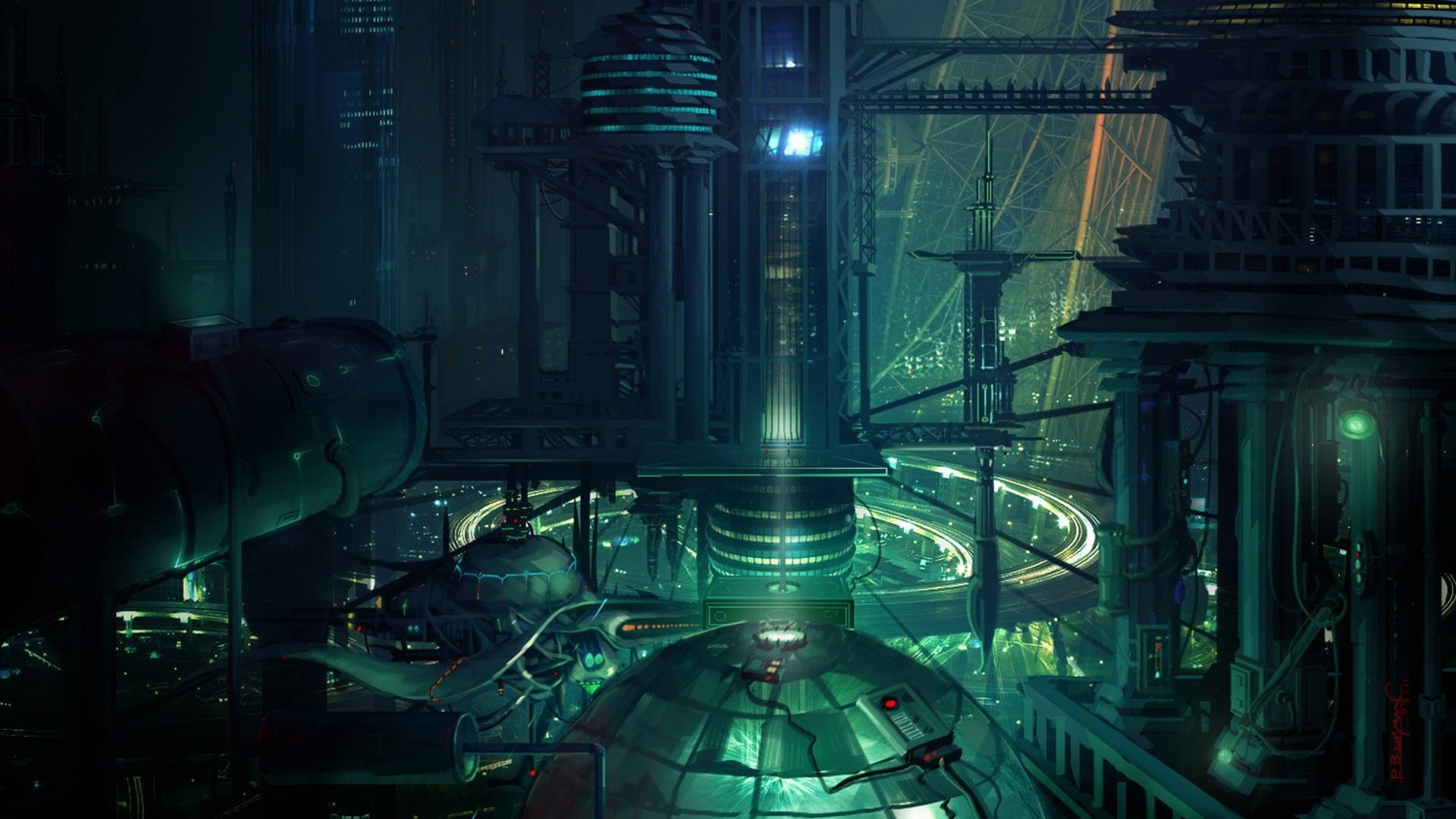 neon-lit cyberpunk cityscape, towering structures, glowing green circuitry, Full HD Desktop Wallpaper