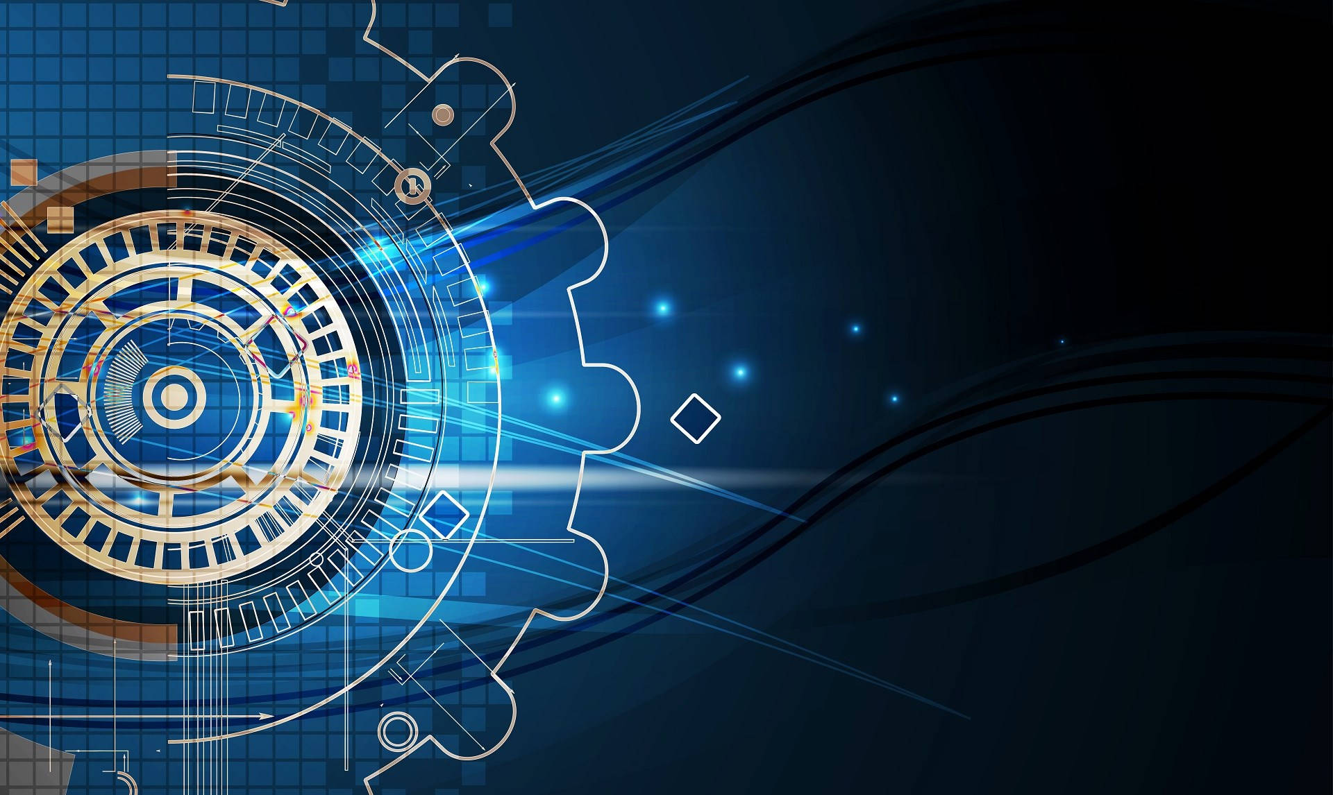futuristic desktop, blue cog, glowing blue and gold circuitry, Full HD Desktop Wallpaper