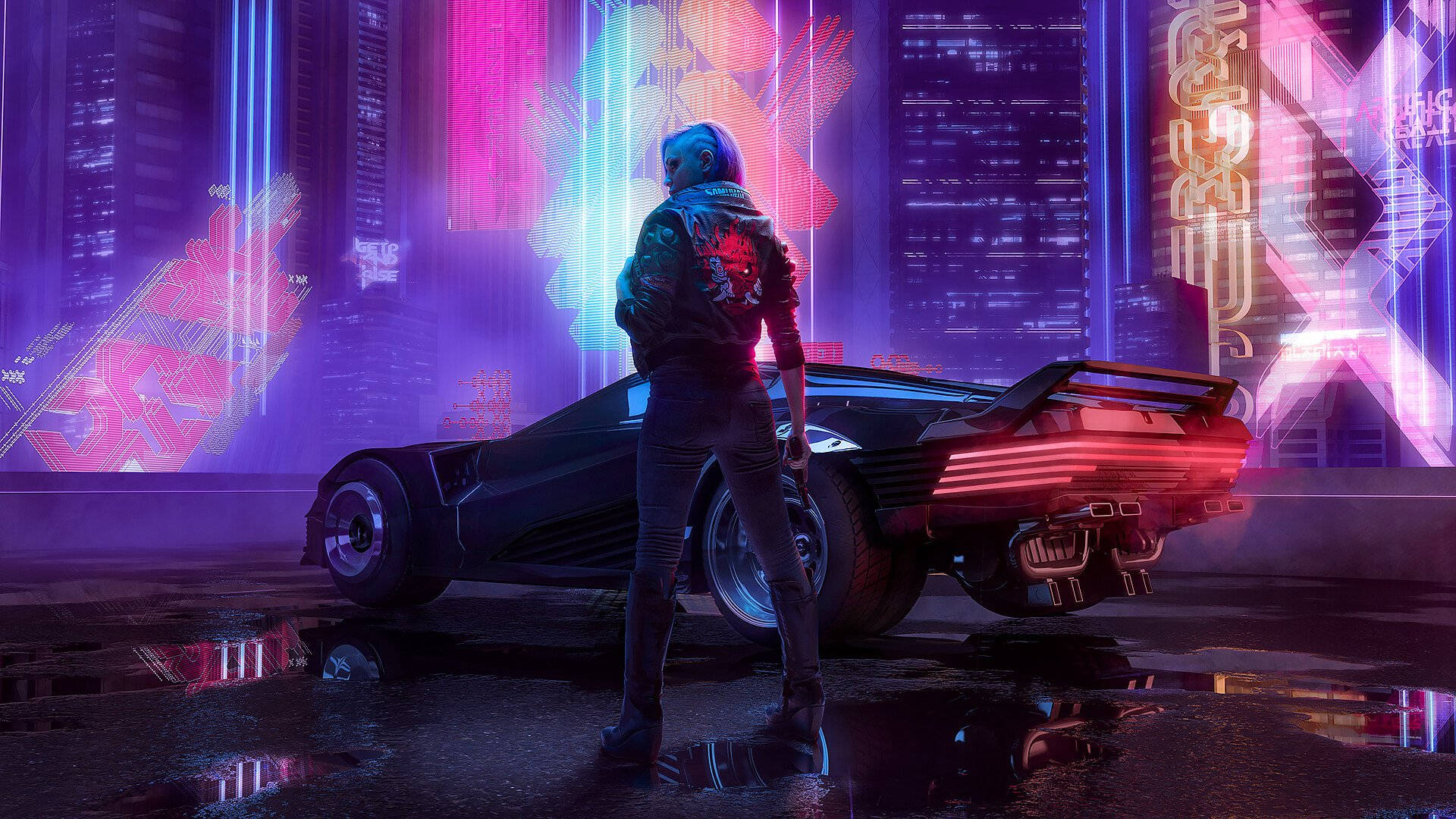 cyberpunk figure, glowing sports car, neon-lit skyscrapers, Full HD Desktop Wallpaper