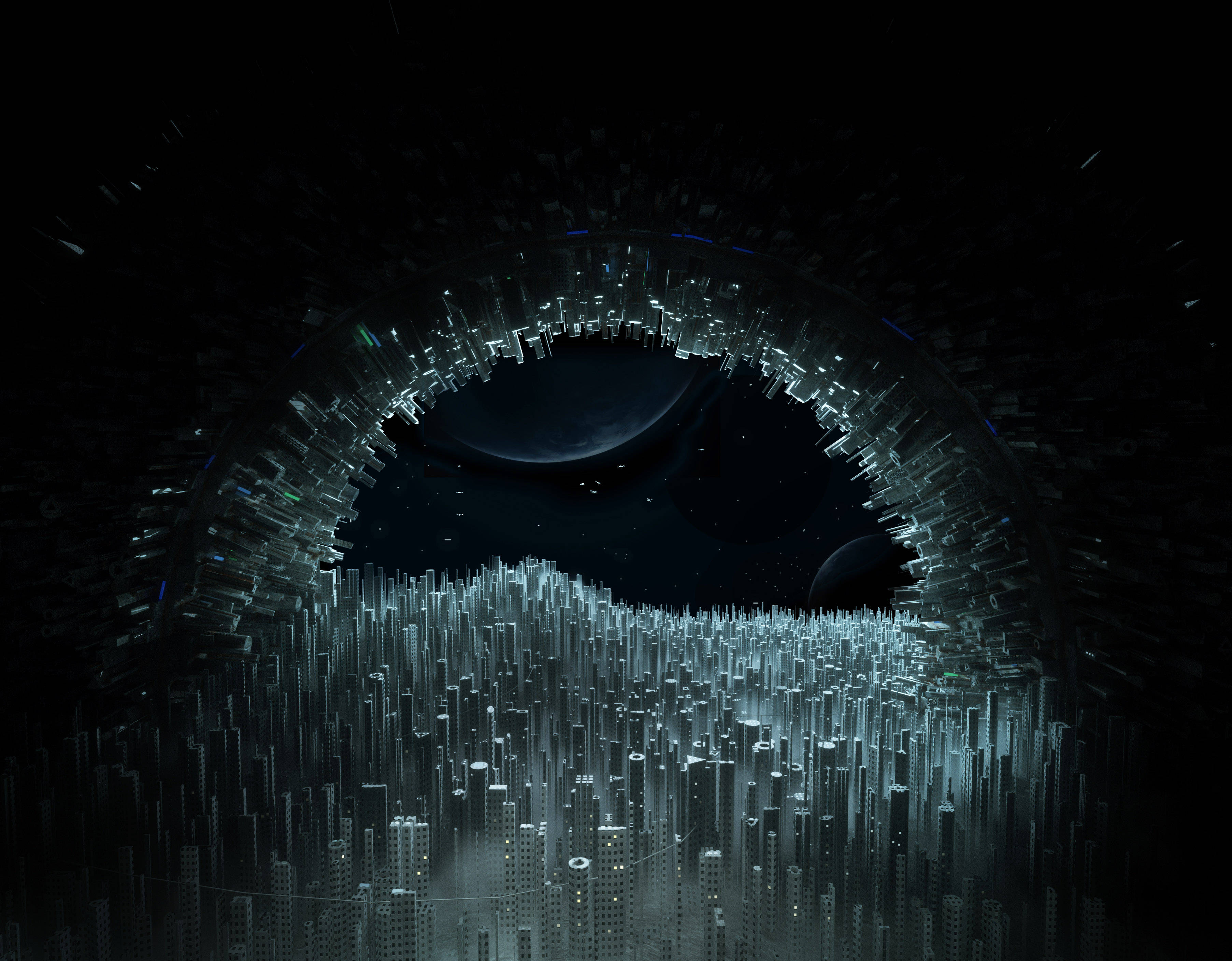 futuristic desktop, tunnel-shaped city, cosmic void, 2K Desktop Wallpaper