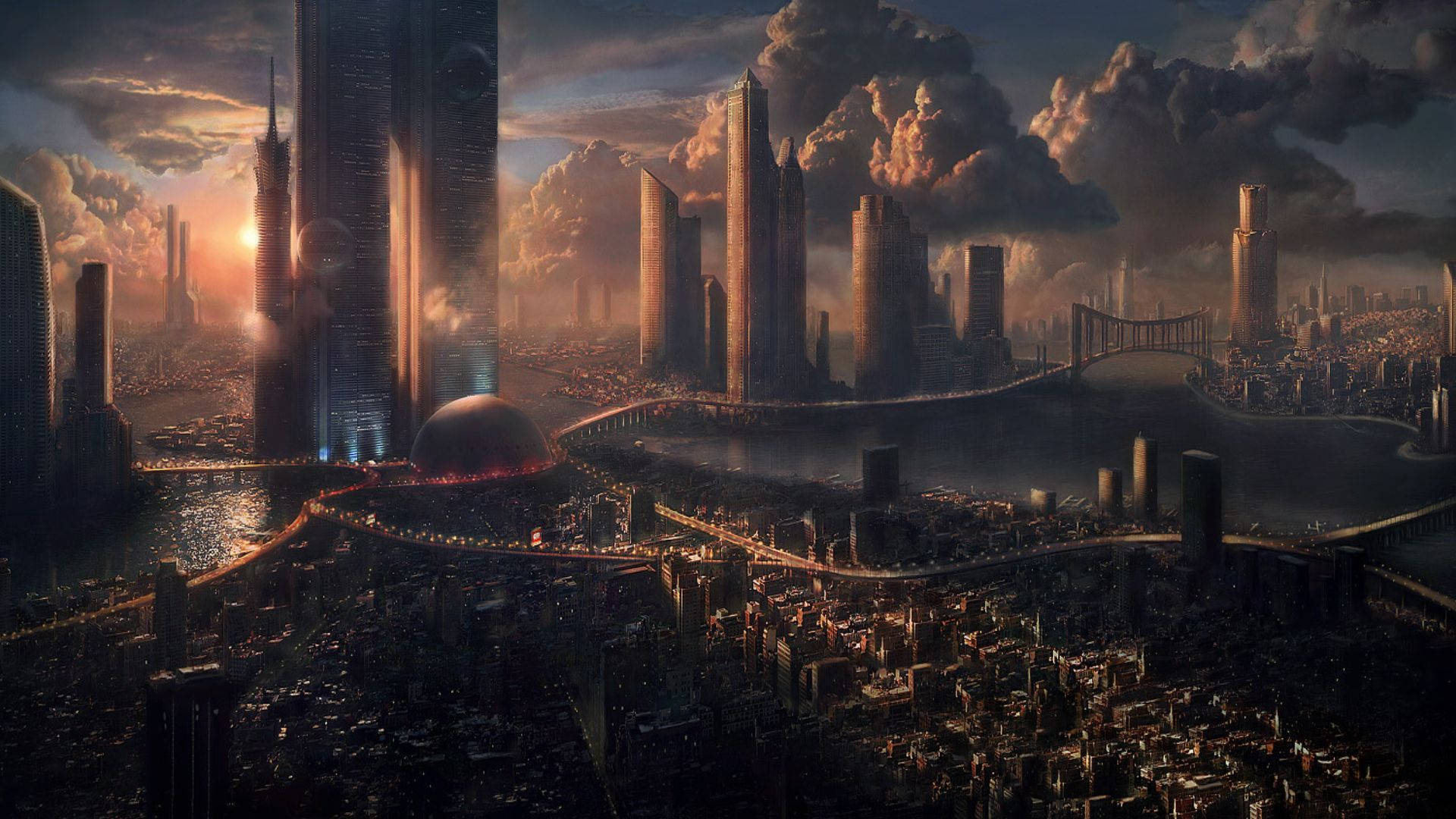 futuristic cityscape, sunset, towering skyscrapers, Full HD Desktop Wallpaper