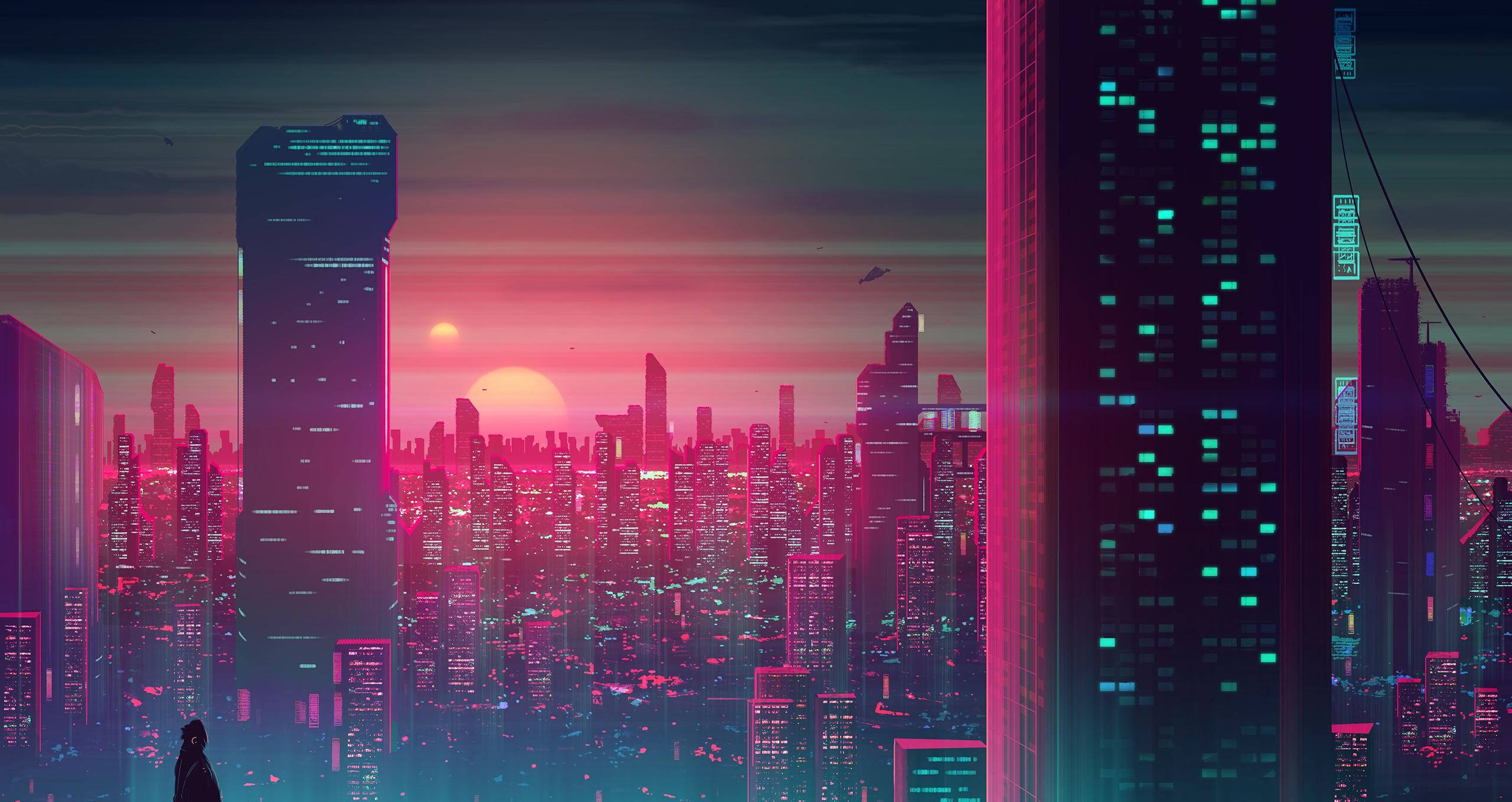Neon Lights, futuristic cyberpunk cityscape, glowing sun, 2K Desktop Wallpaper