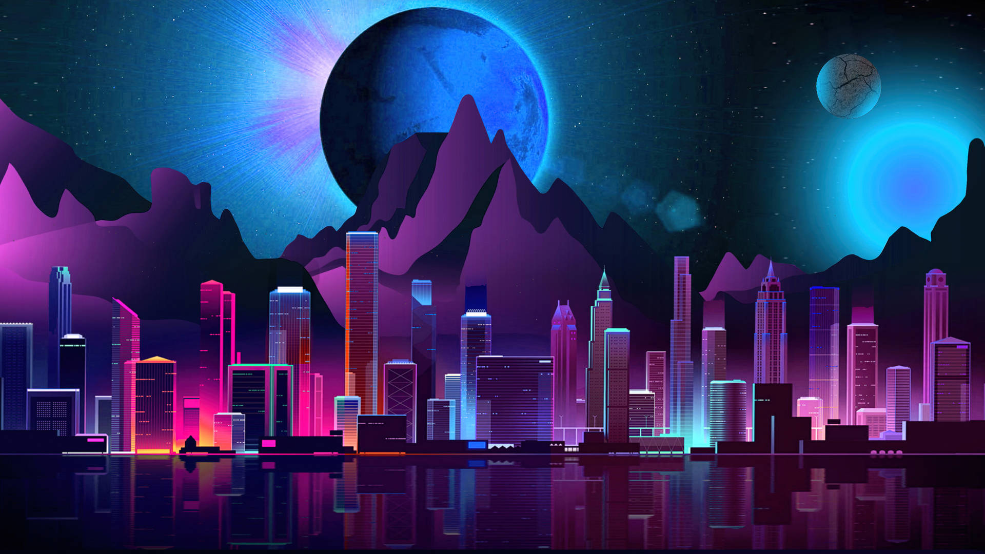 futuristic desktop, neon-drenched, glowing skyscrapers, Full HD Desktop Wallpaper