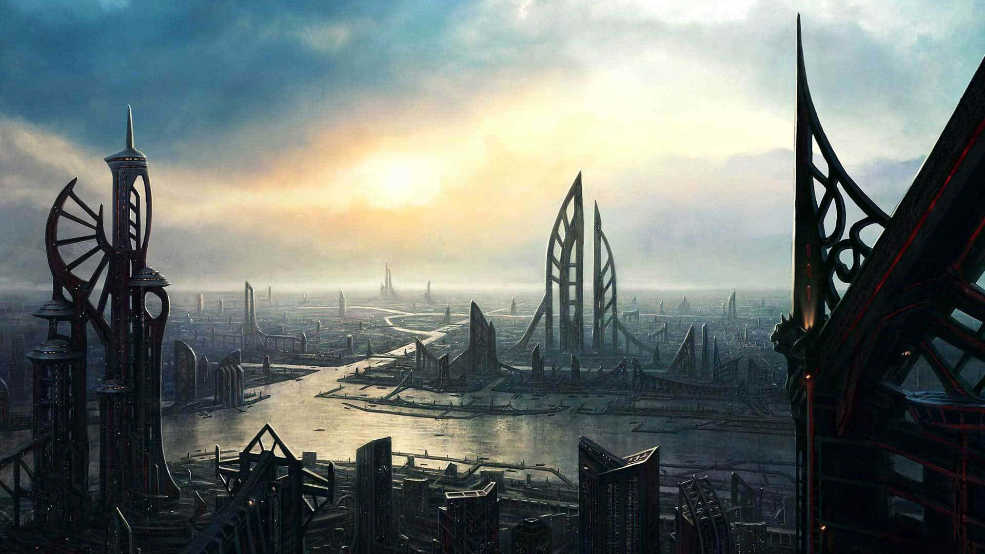 futuristic cityscape, sunset, towering spires, Full HD Desktop Wallpaper