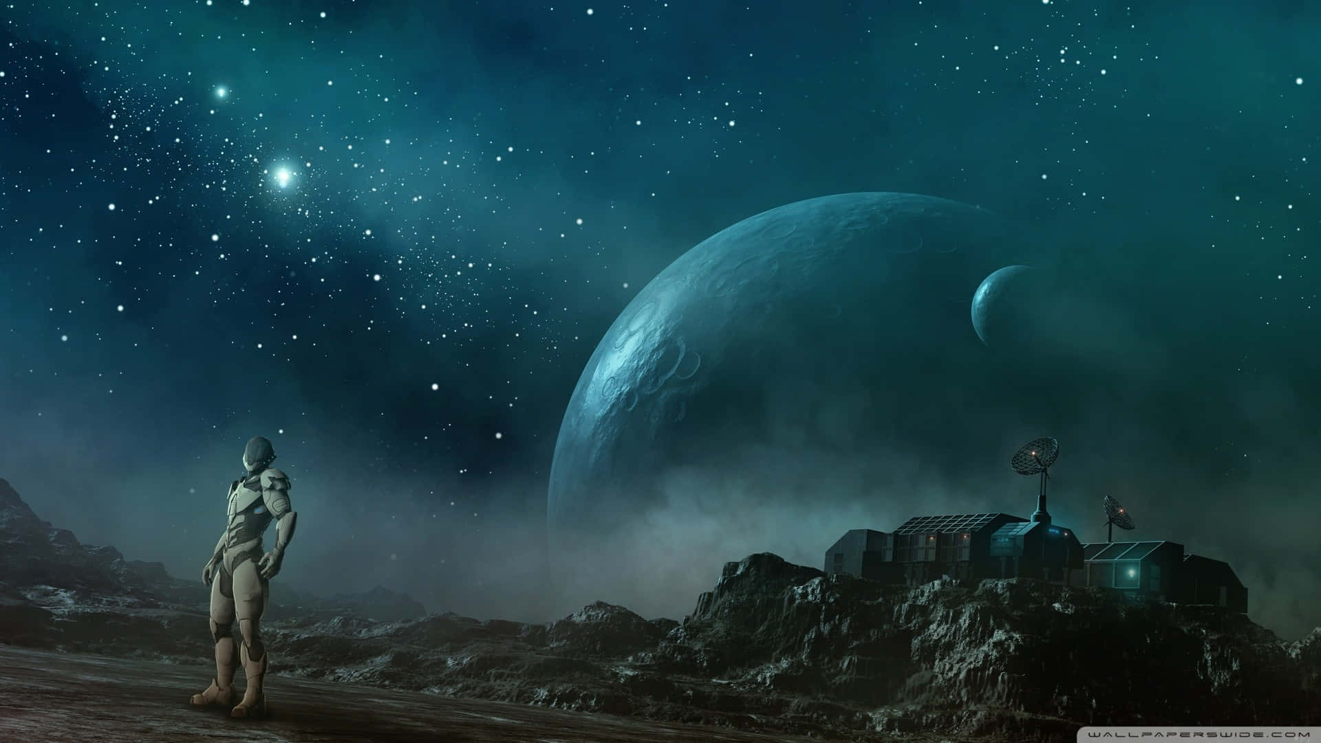 Future Planet Spaceship Desktop, astronaut, rocky alien planet, Full HD Desktop Wallpaper