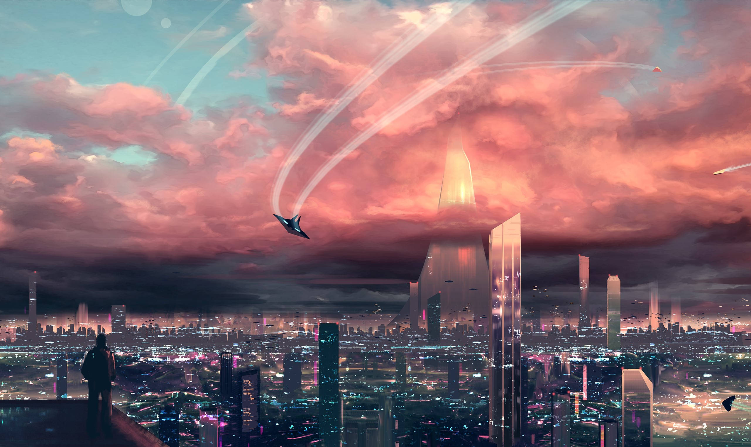 futuristic cityscape, dusk, glowing flying vehicles, 2K Desktop Wallpaper