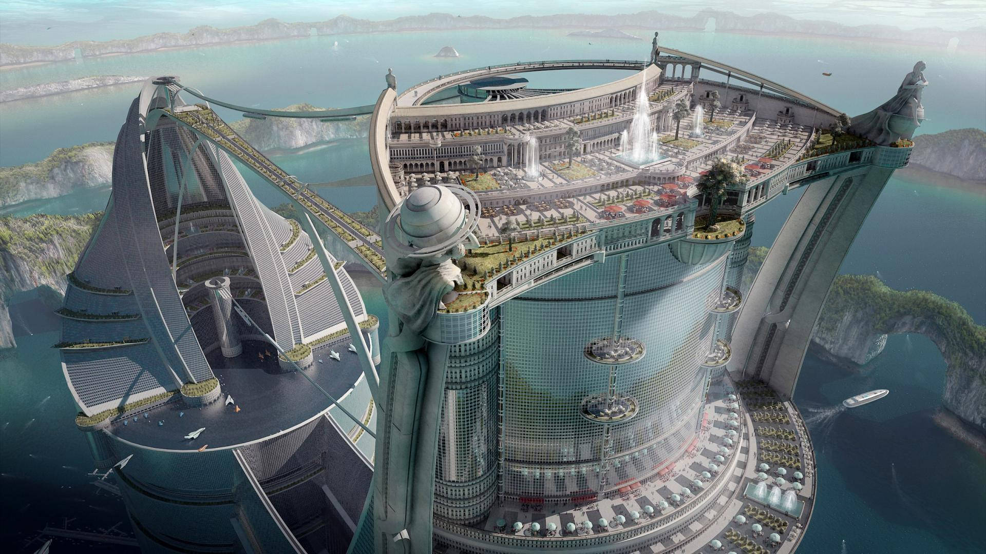 futuristic megastructure, tiered gardens, central fountain, Full HD Desktop Wallpaper