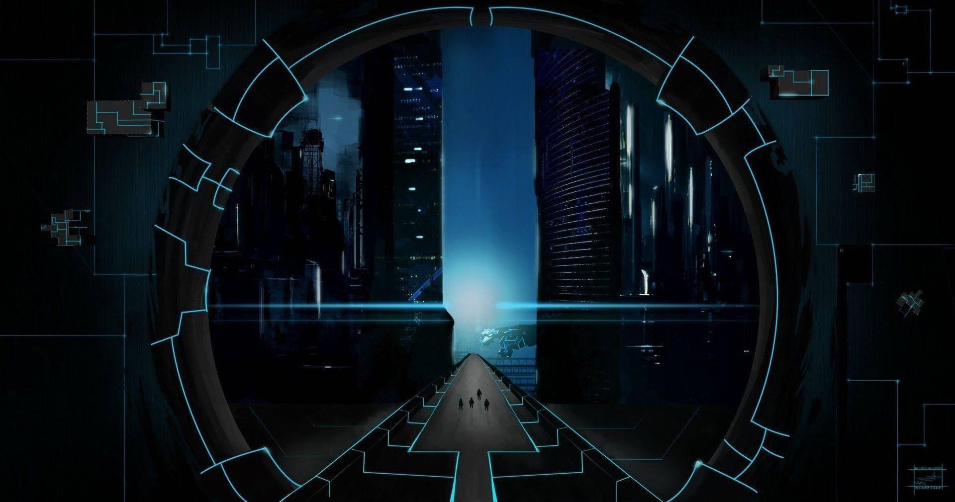 Futuristic Desktop, glowing blue circular portal, digital pathway, Full HD Desktop Wallpaper