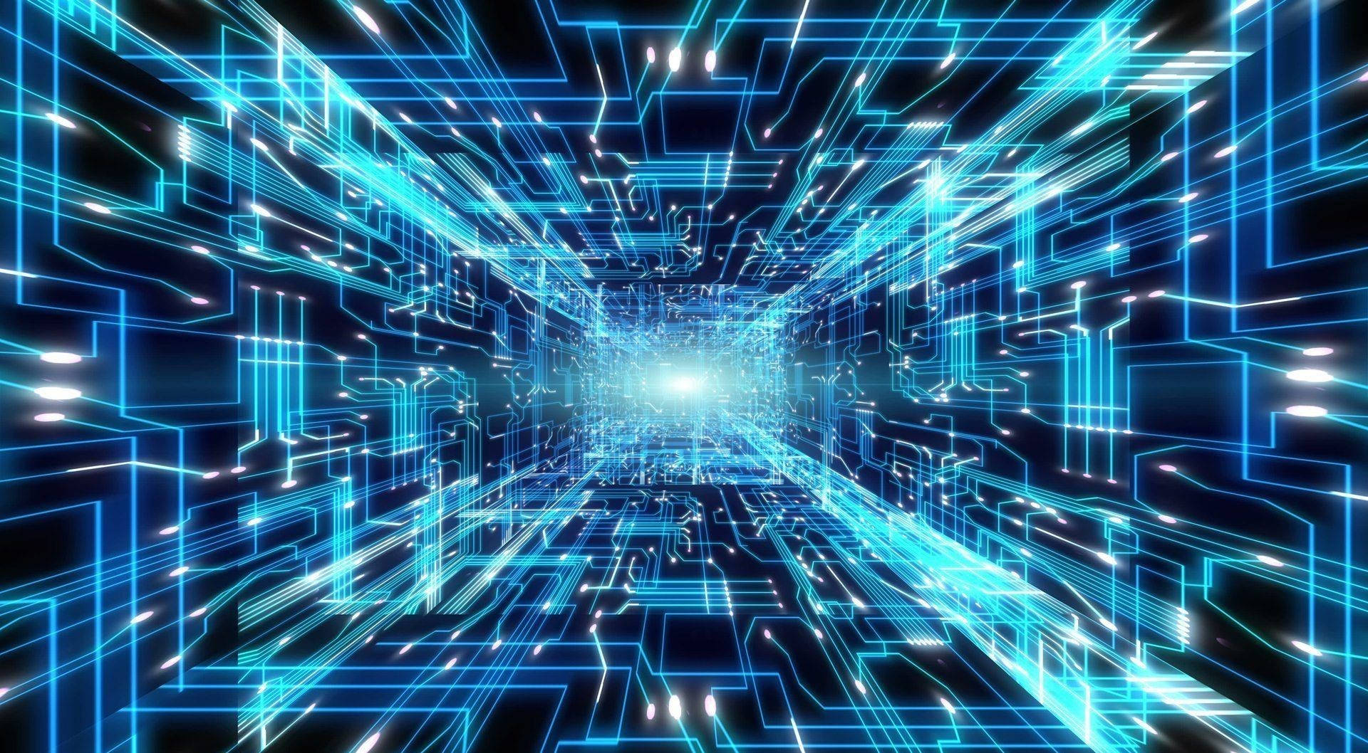 glowing blue digital tunnel, circuit board patterns, bright light, Full HD Desktop Wallpaper